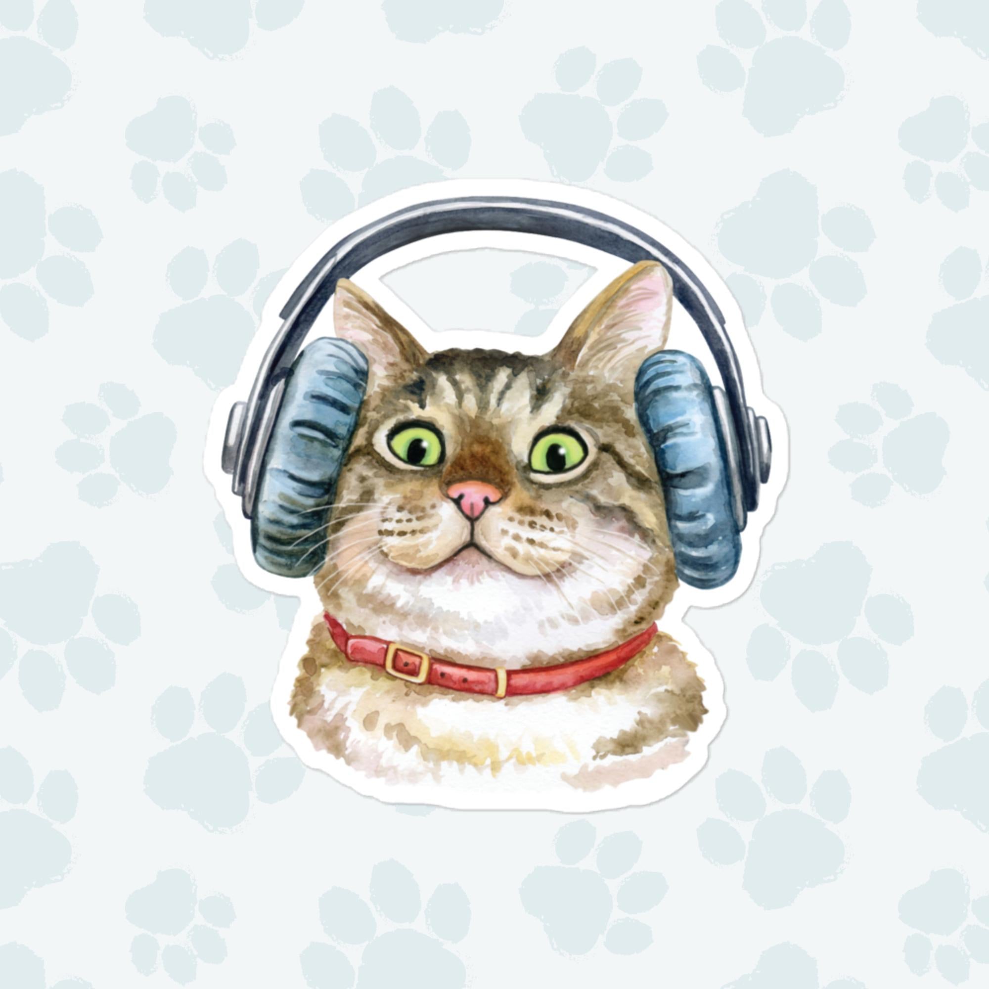 Headphones Cat Sticker, Large 4in Vinyl Sticker