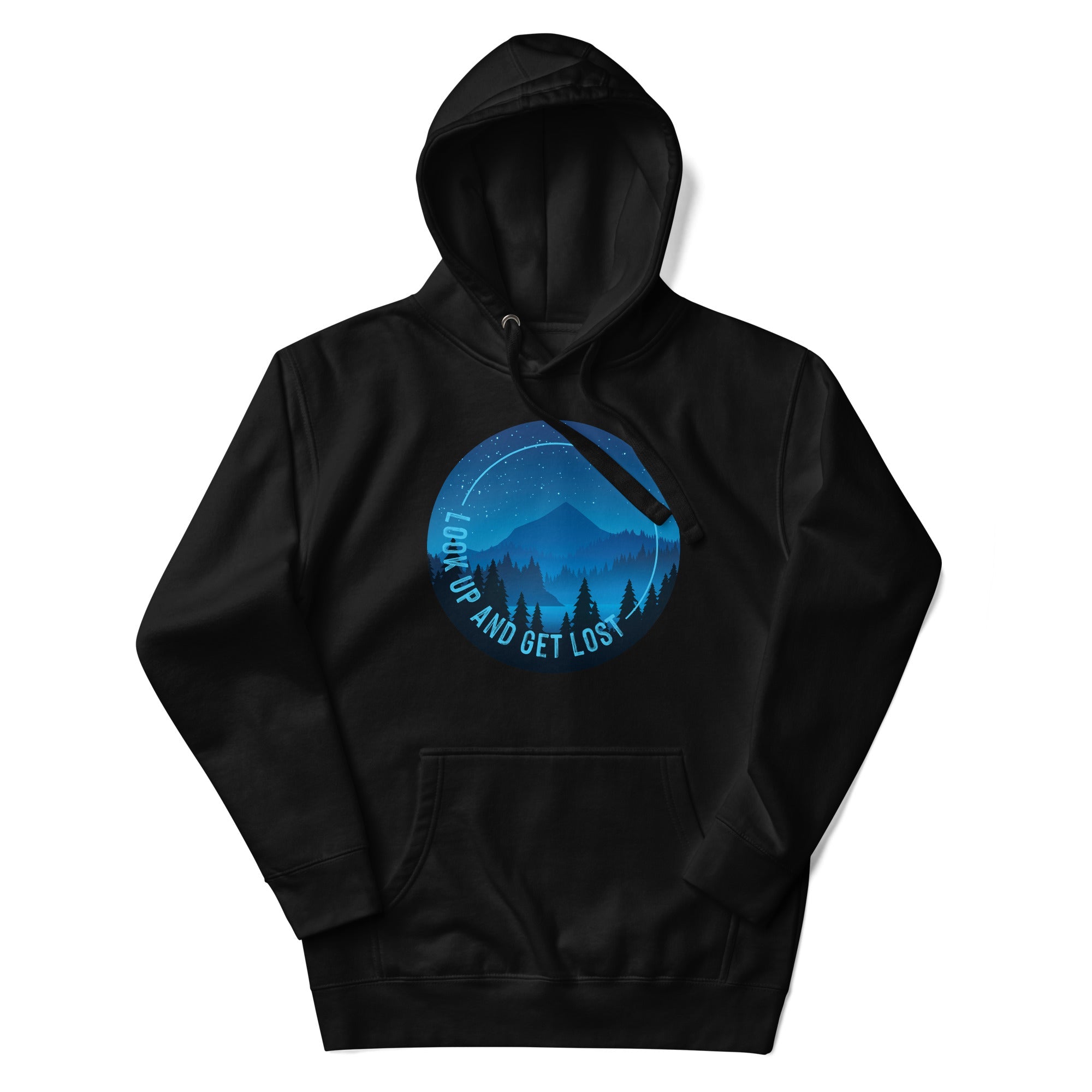 a black hoodie with a picture of a plane flying over a forest