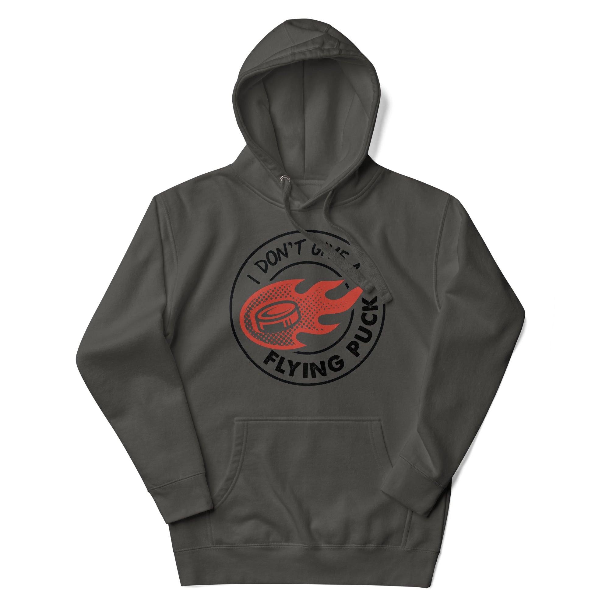 a grey hoodie with a red and black logo on it