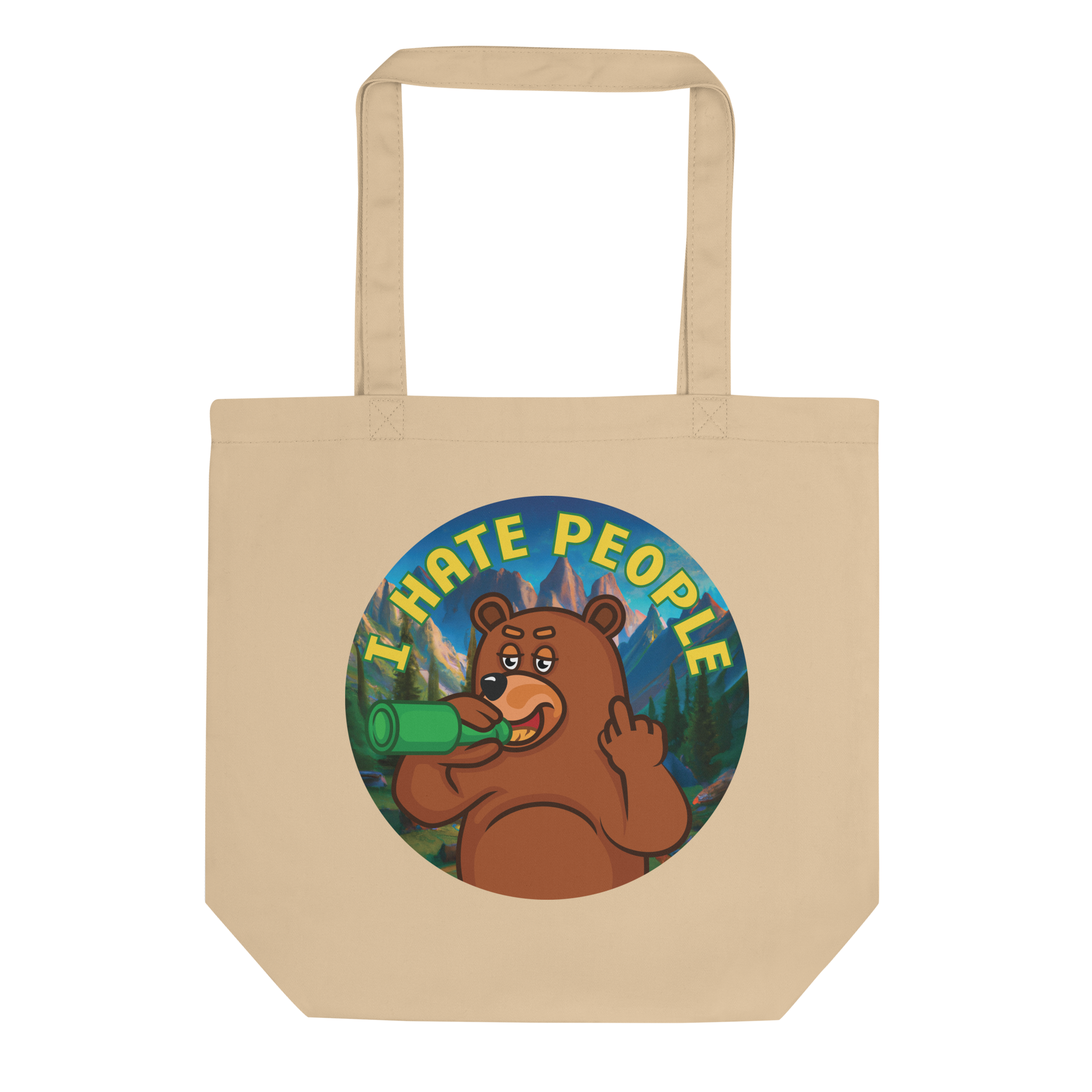 a tote bag with a bear holding a bottle