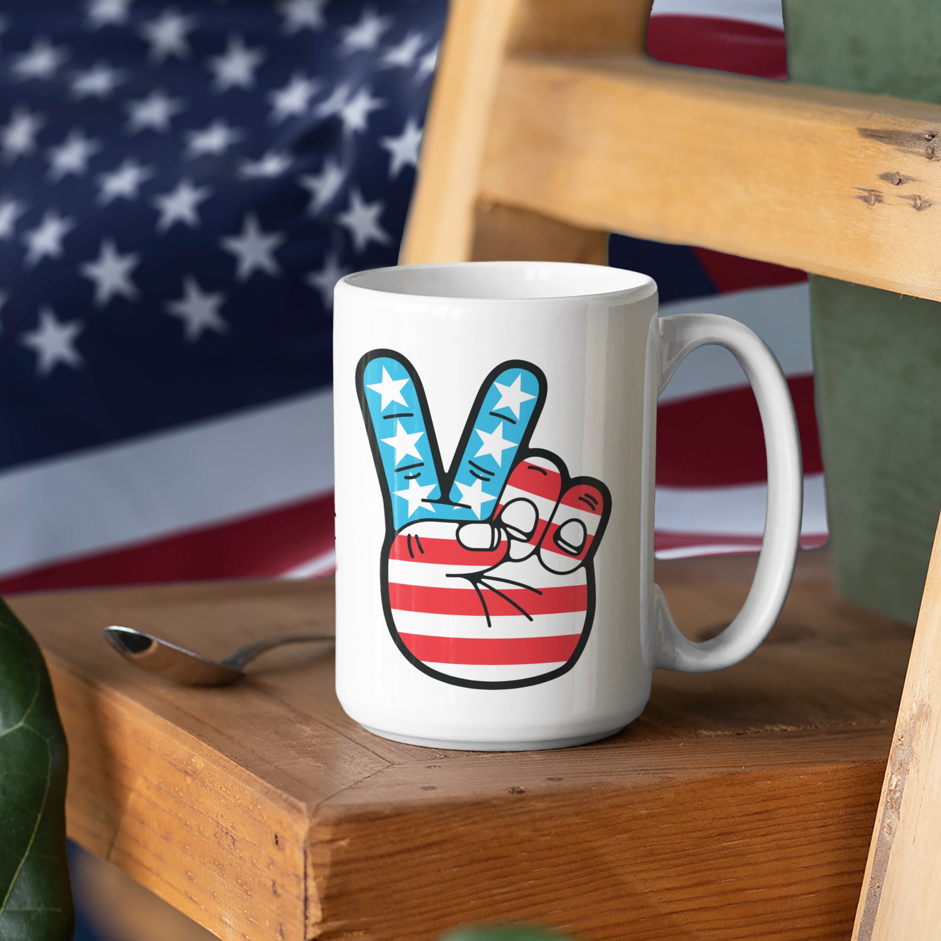 a coffee mug with a peace sign painted on it