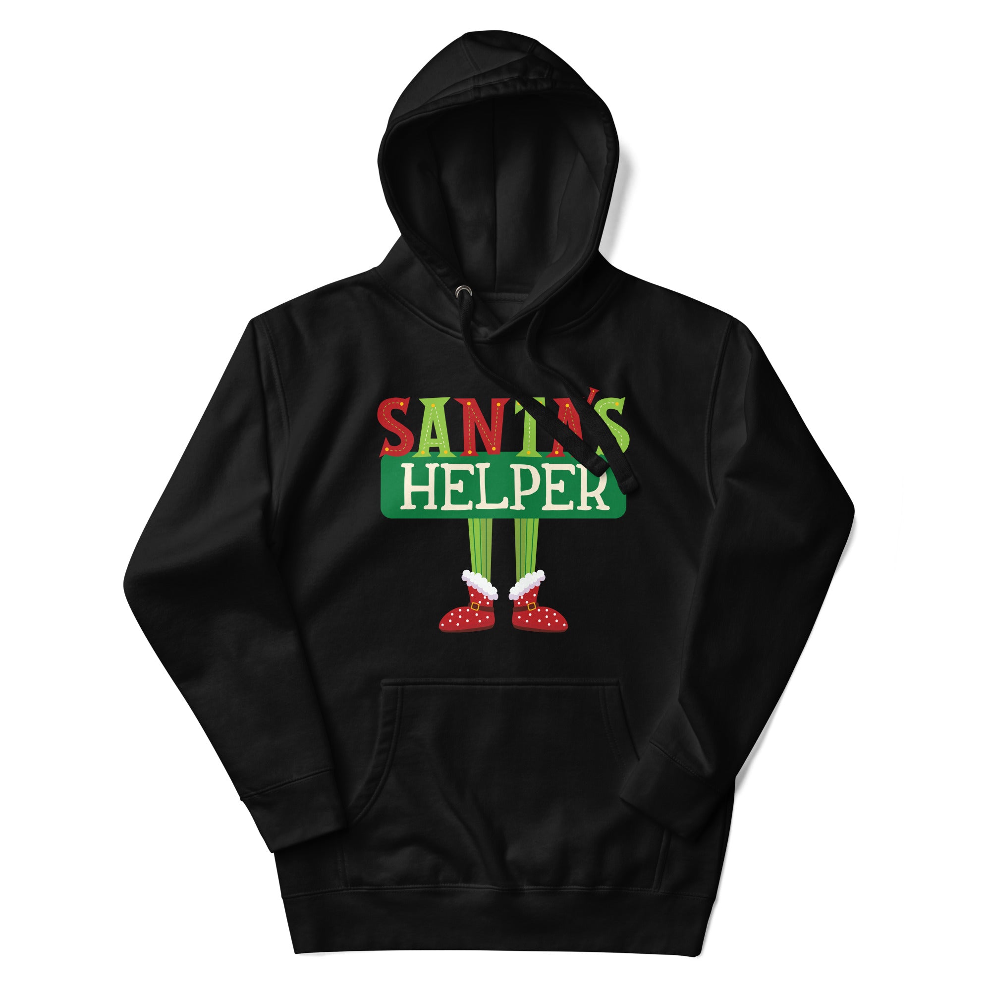 a black hoodie with a santa's helper on it