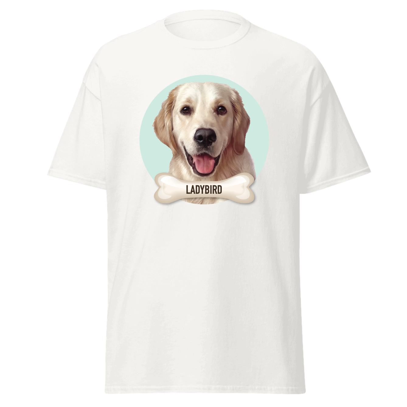 a white t - shirt with a picture of a dog with a bone on it