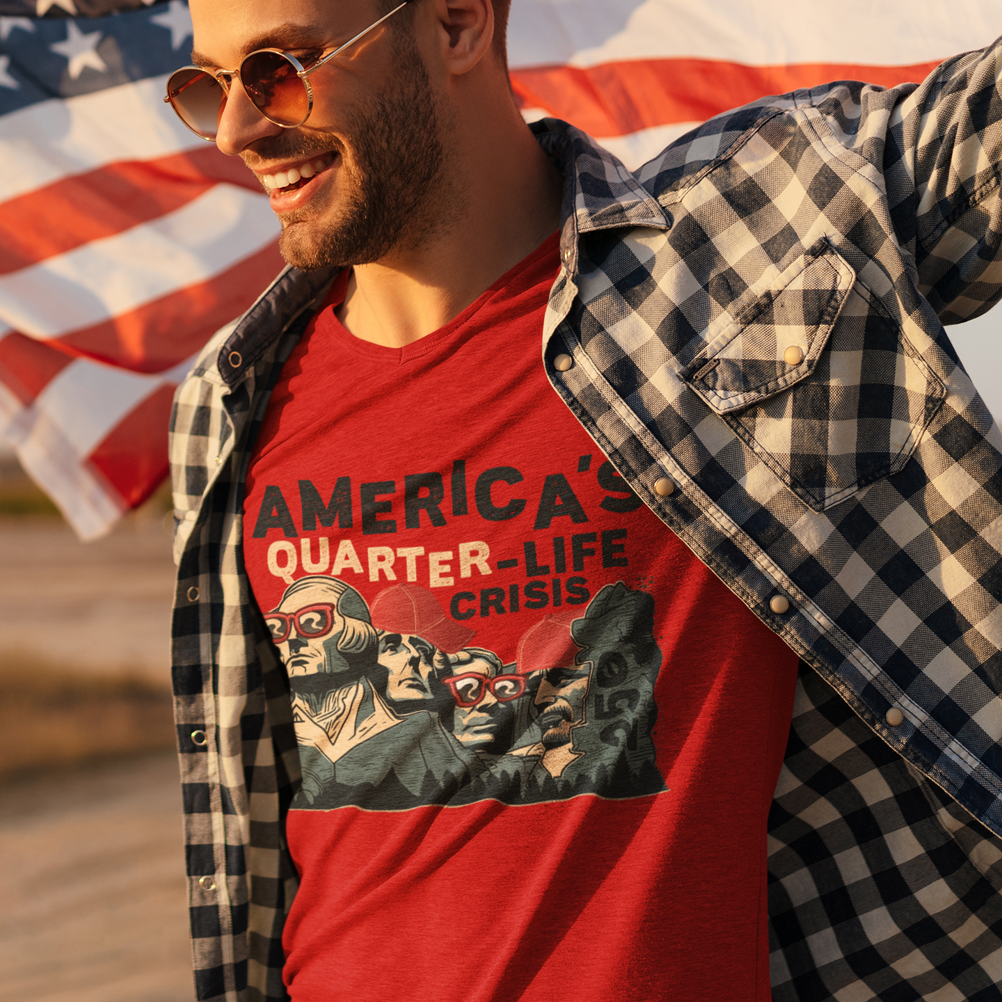 a man wearing a red america's quarter life t - shirt