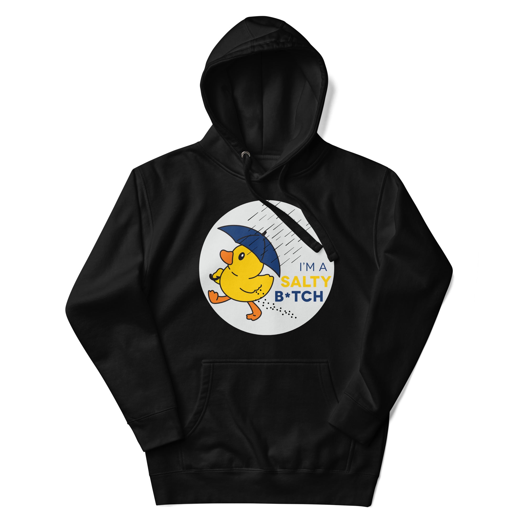 a black hoodie with a yellow bird on it