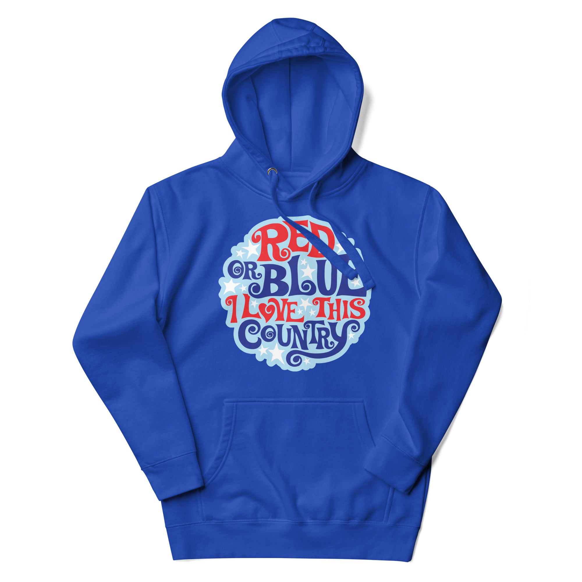 a blue hoodie with the words red, blue, and white