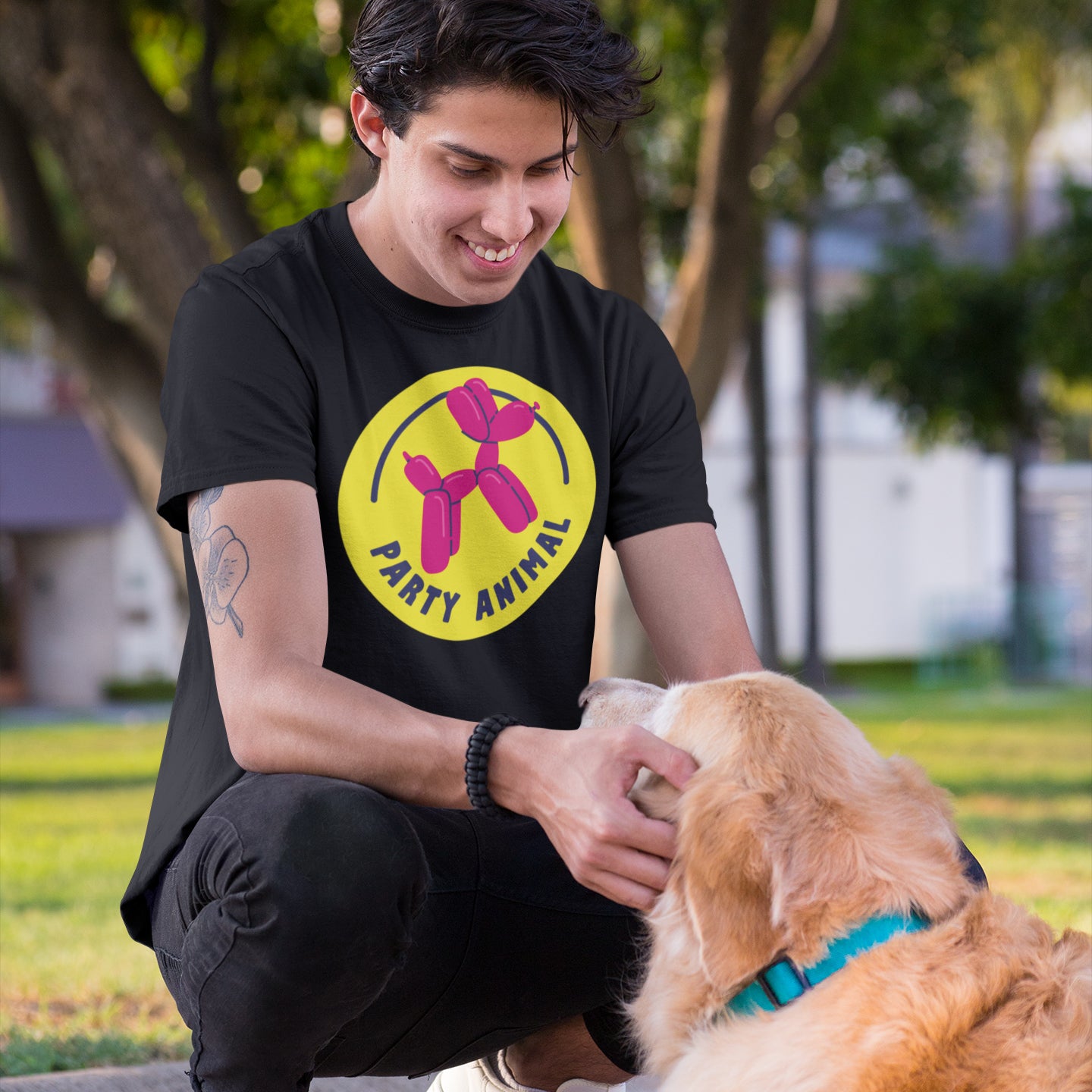 a man petting a dog on the nose