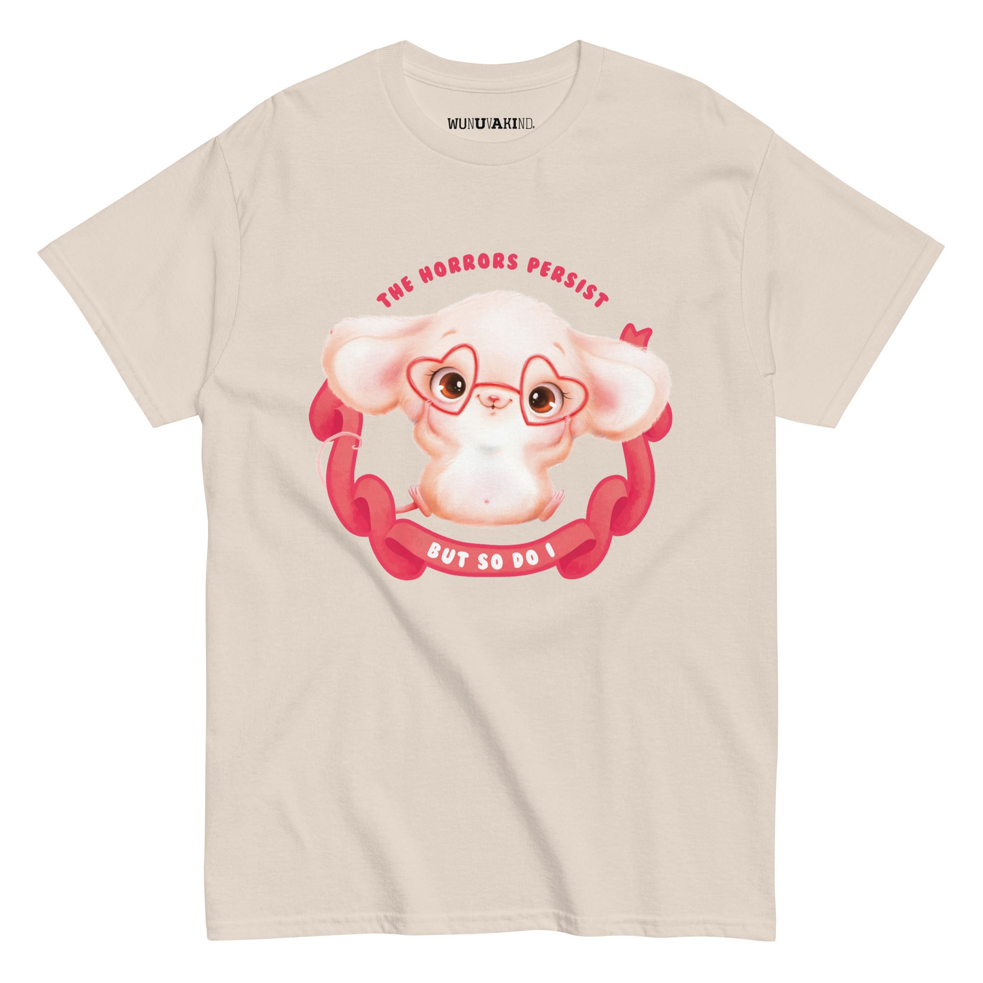 A t-shirt design featuring a cute cartoon rabbit wearing glasses and a heart-shaped tag, surrounded by a red ribbon.