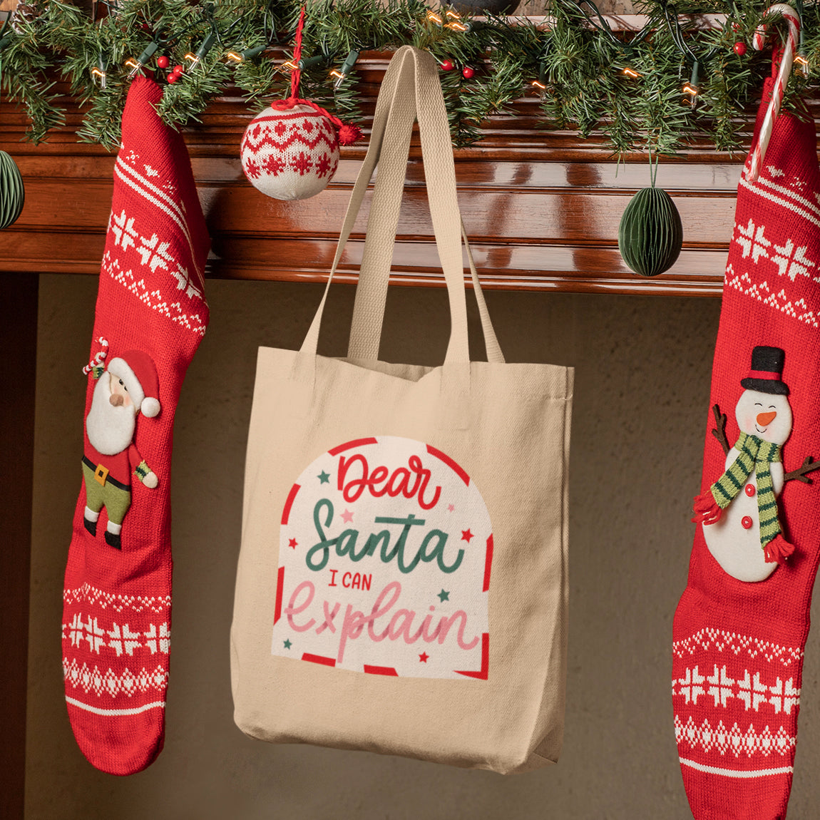 three christmas stockings hanging from a mantel