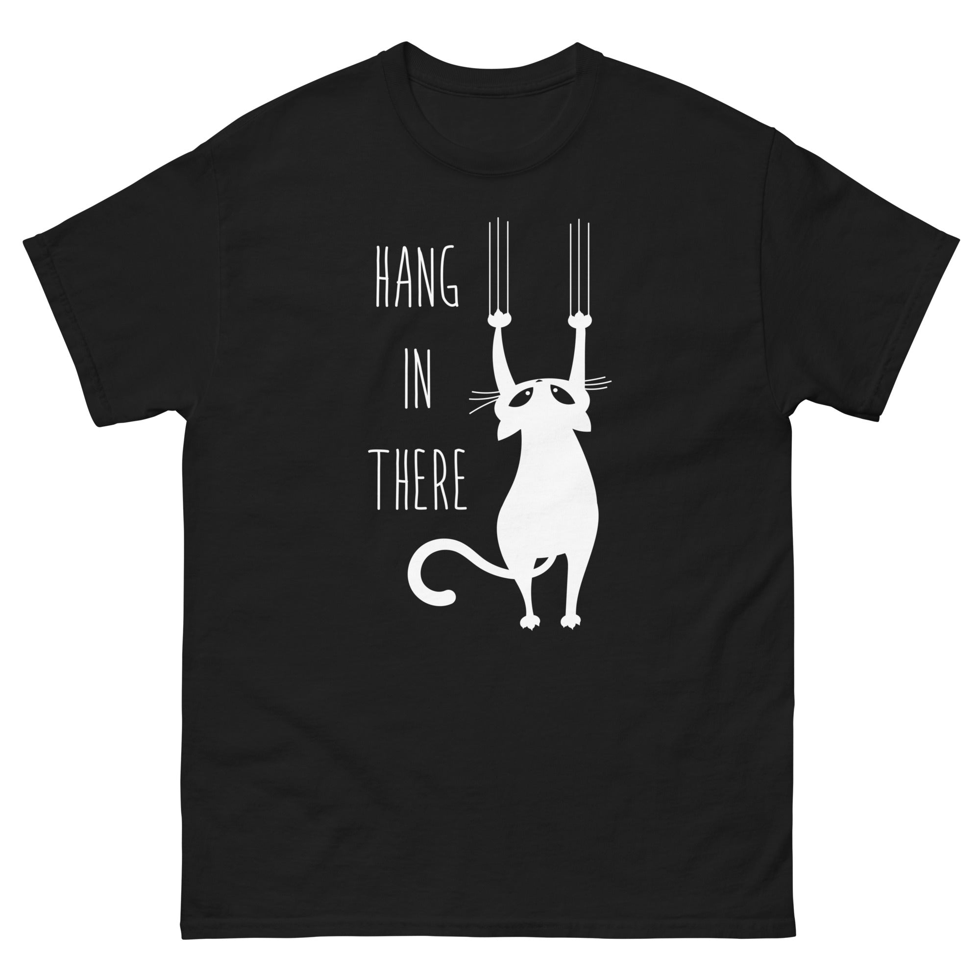 a black t - shirt with a white cat on it that says hang in there