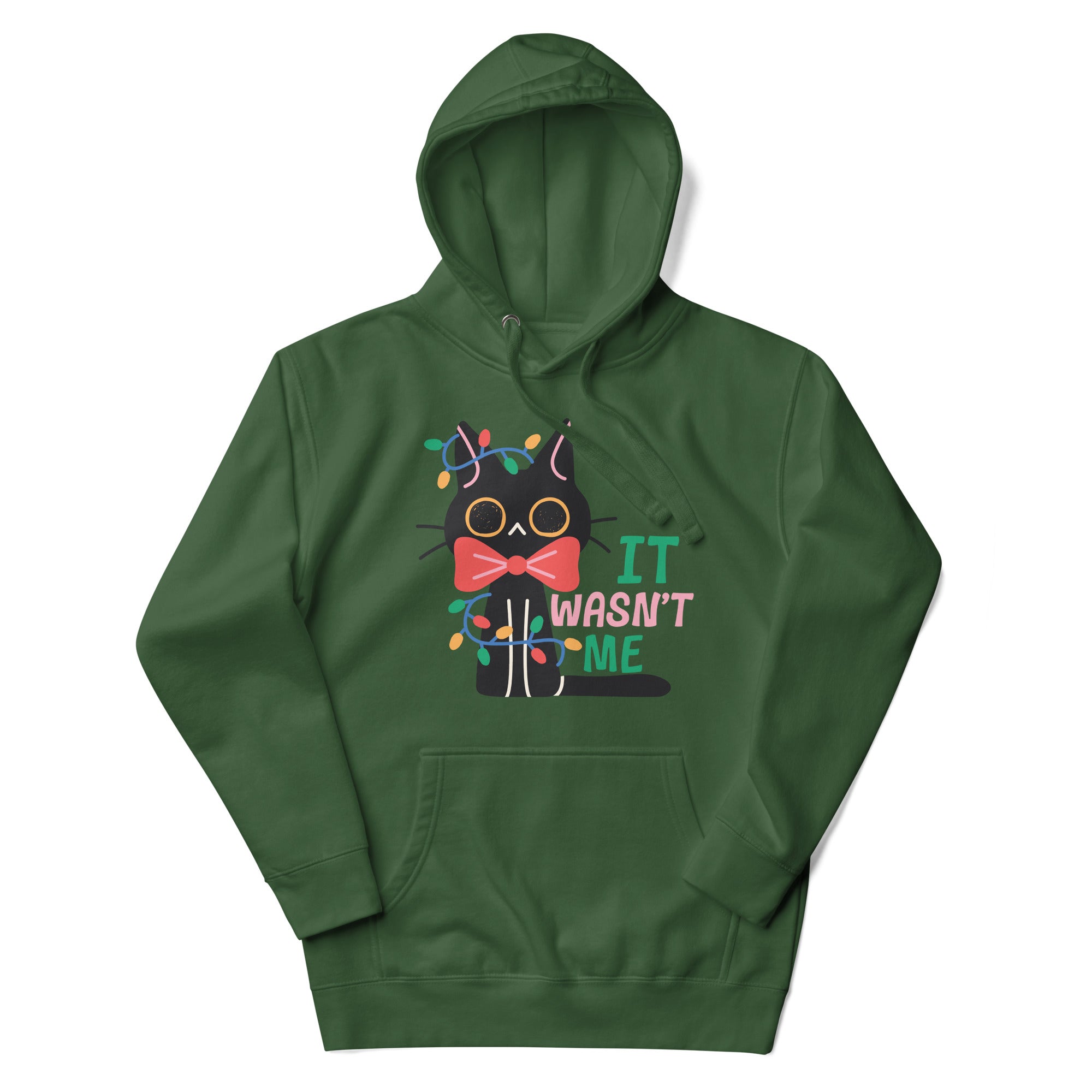 a green hoodie with an image of a cat wearing a bow tie