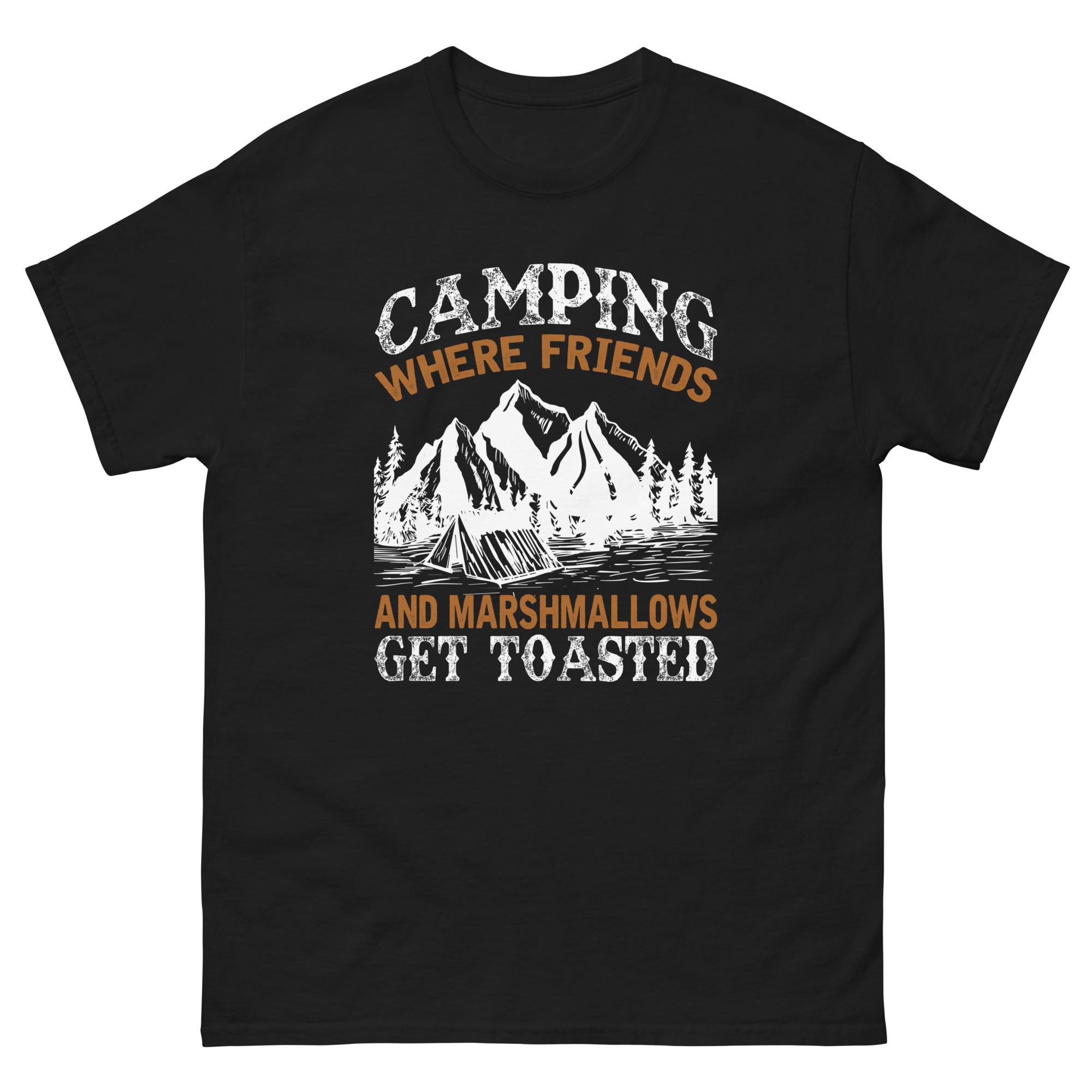 a black shirt that says camping where friends and marshmallows get toasted