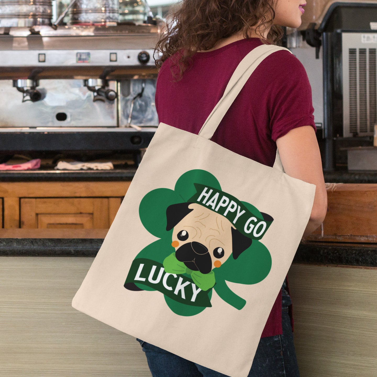 a woman carrying a st patrick's day tote bag