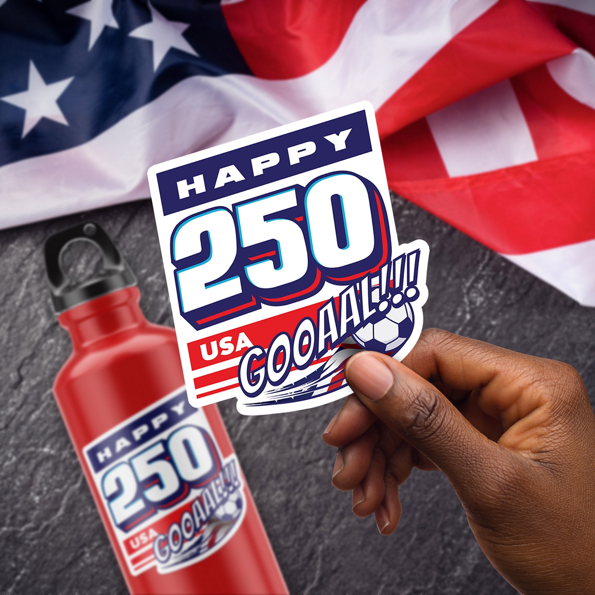 a person holding up a sticker that says happy 250 usa