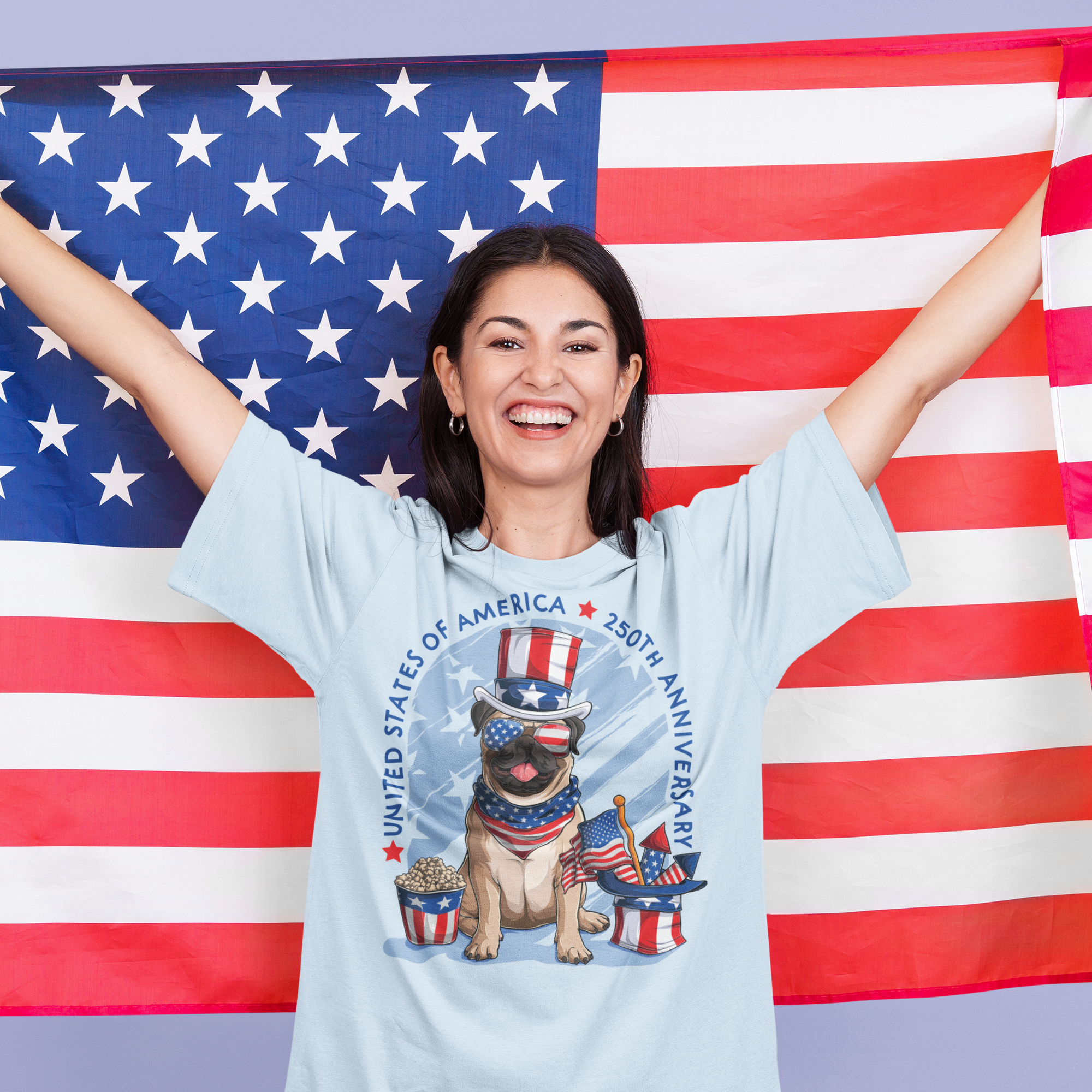 a woman with her arms up in front of an american flag