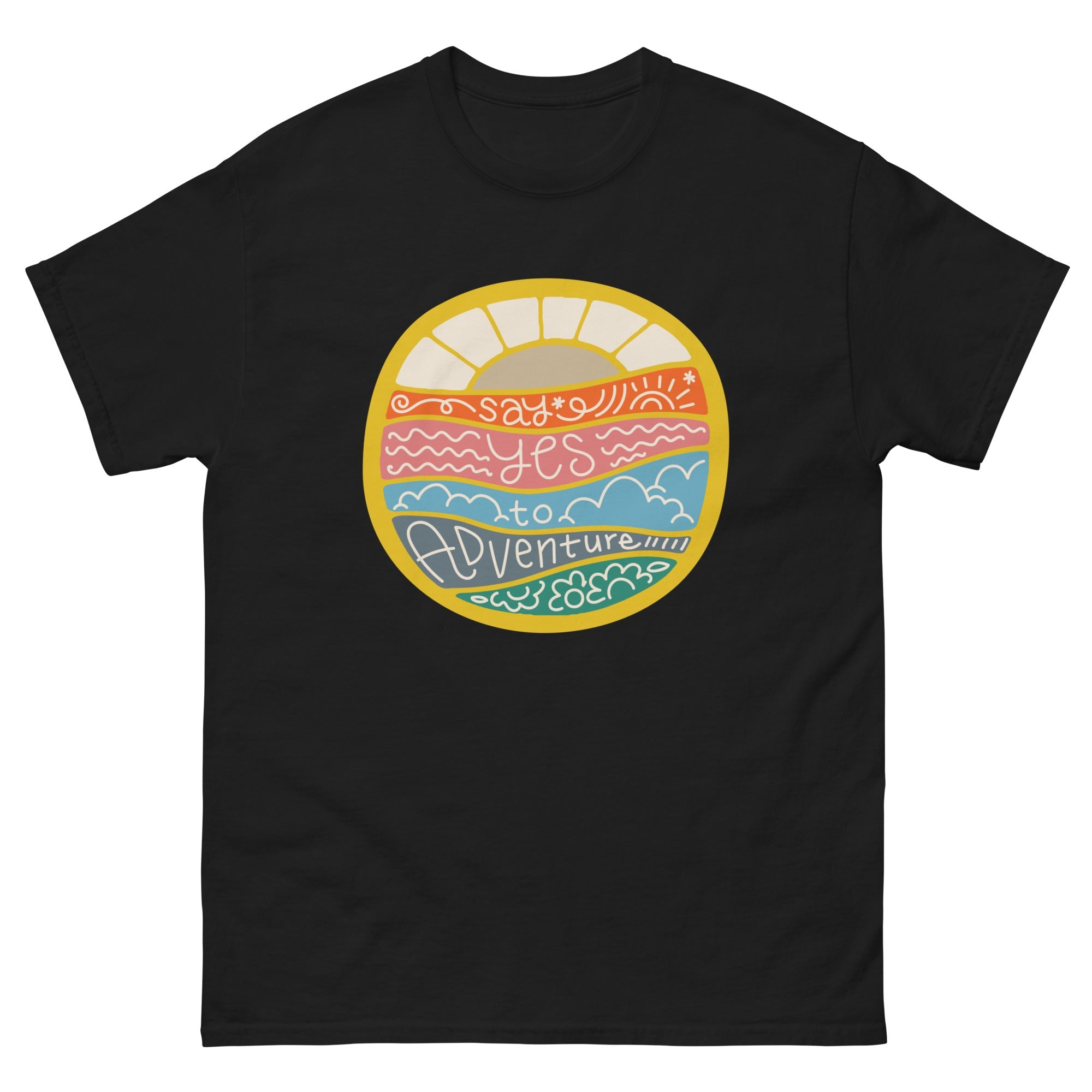 a black t - shirt with a colorful sunset and the words somewhere on it