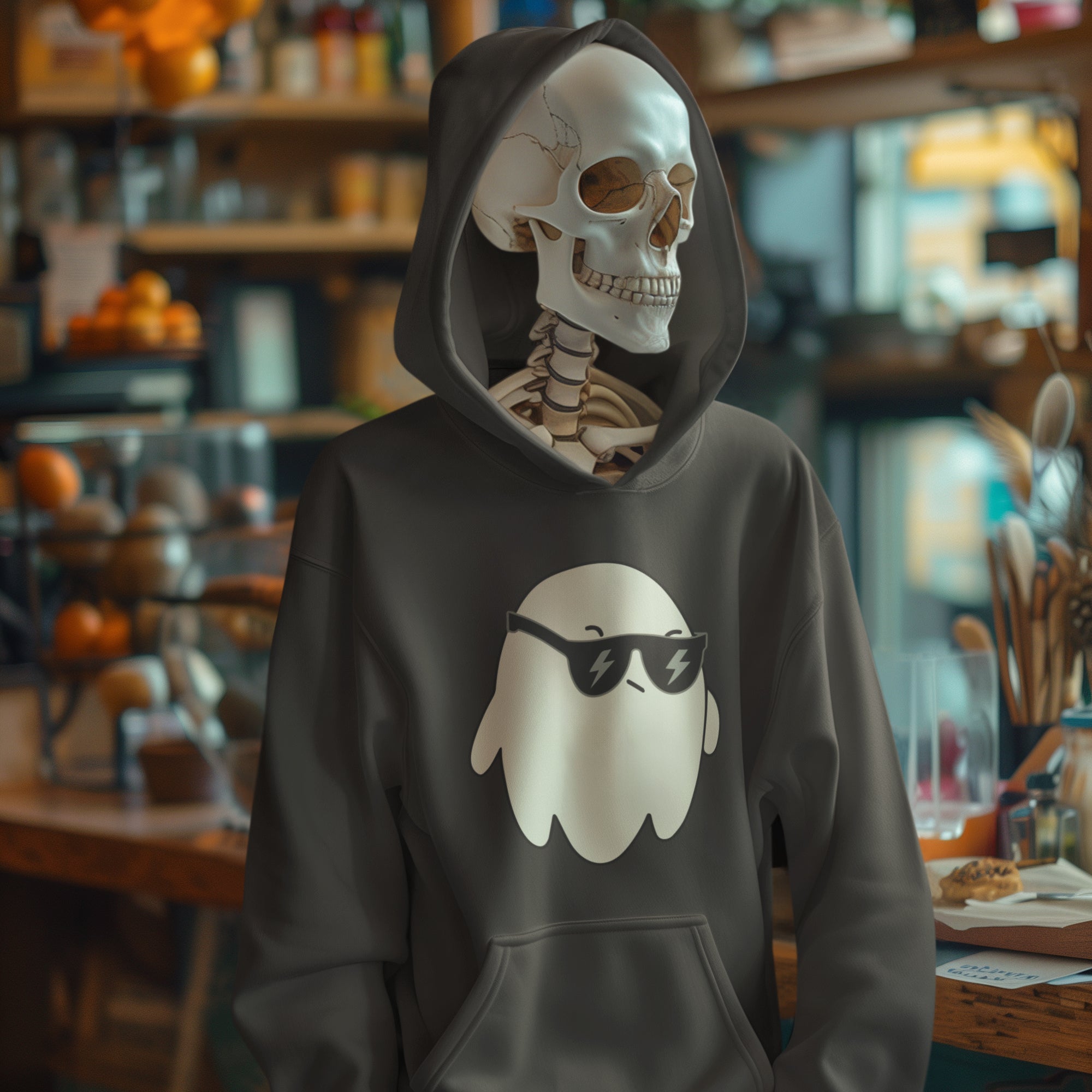 a skeleton wearing a hoodie with sunglasses on