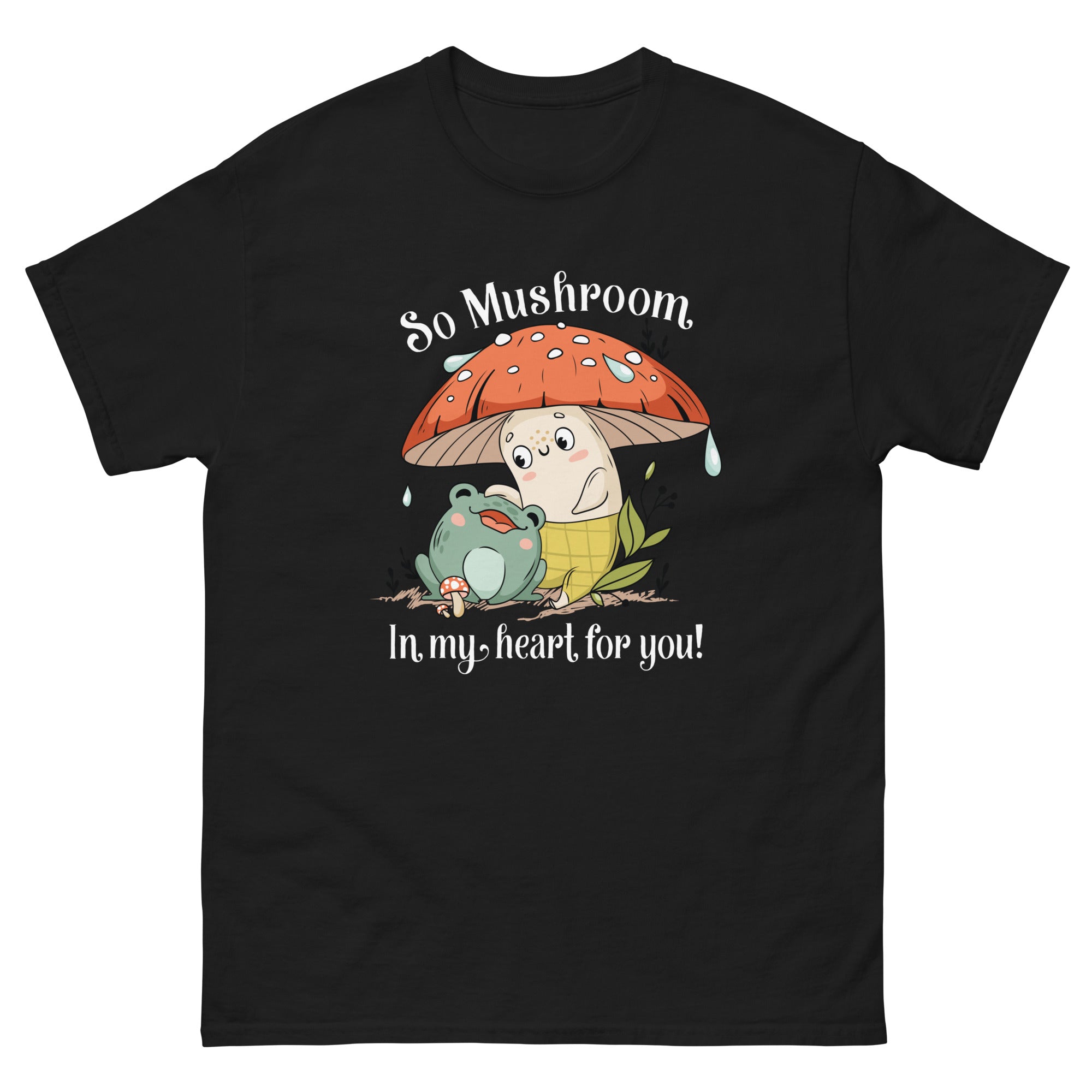 a black tshirt with an image of a mushroom holding a frog