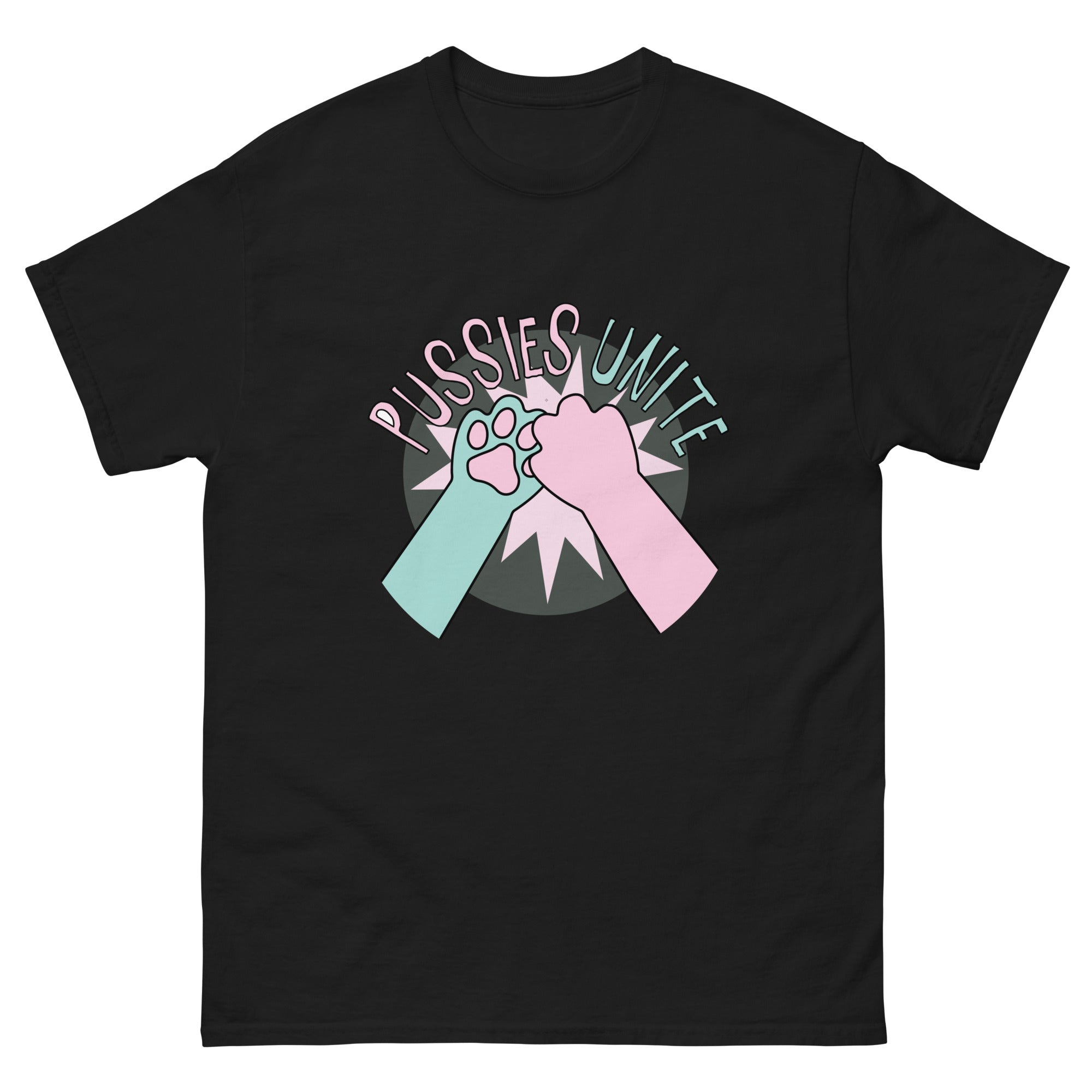 a black shirt with a pink and blue ribbon on it