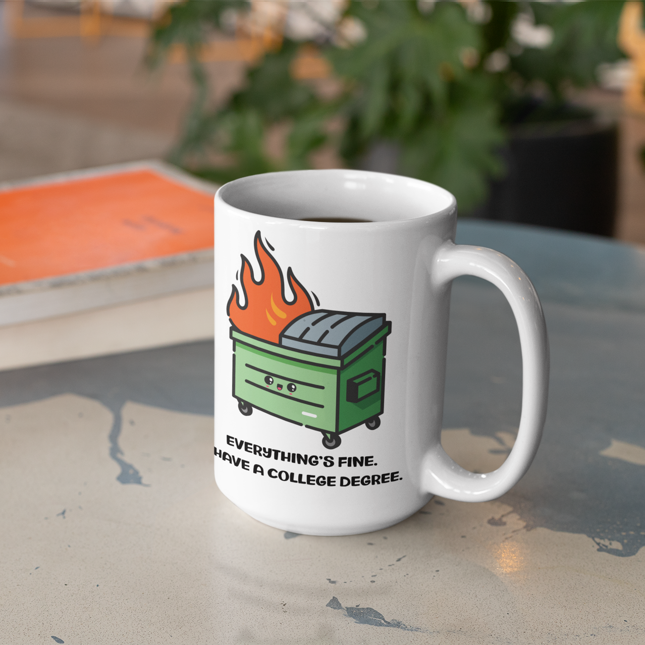 a white coffee mug with a fire inside of it