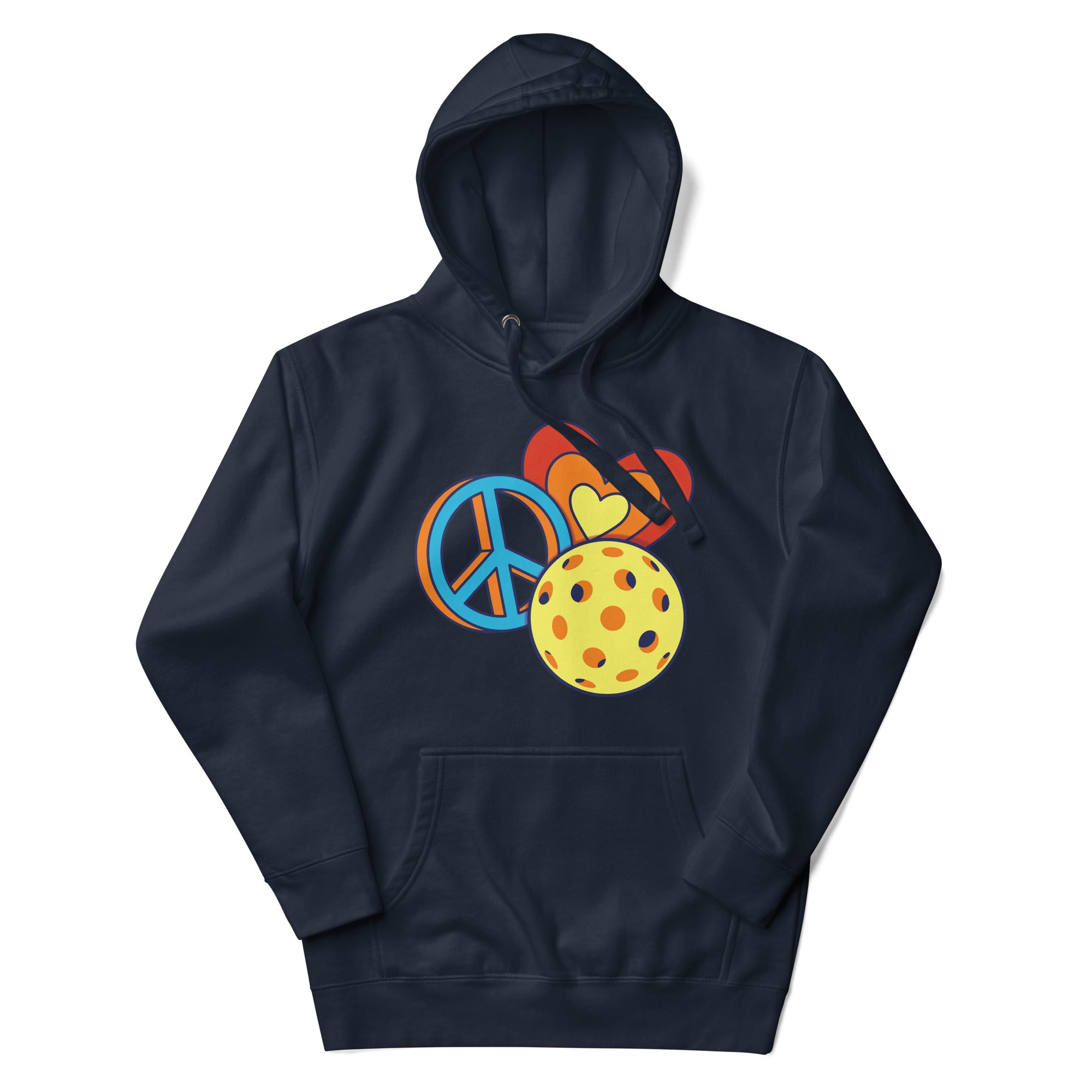 a blue hoodie with a peace sign and polka dot balls