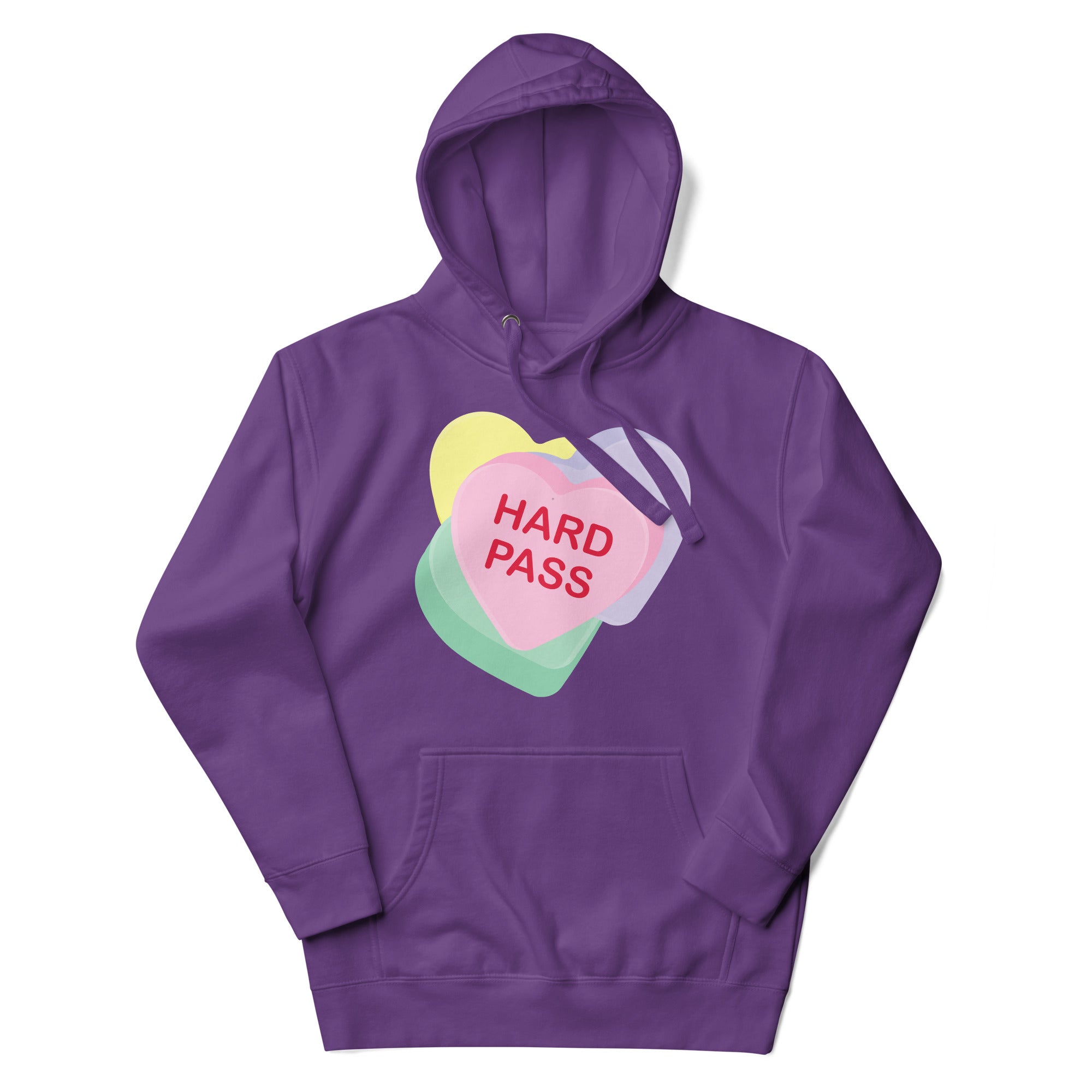 a purple hoodie with the words hard pass on it