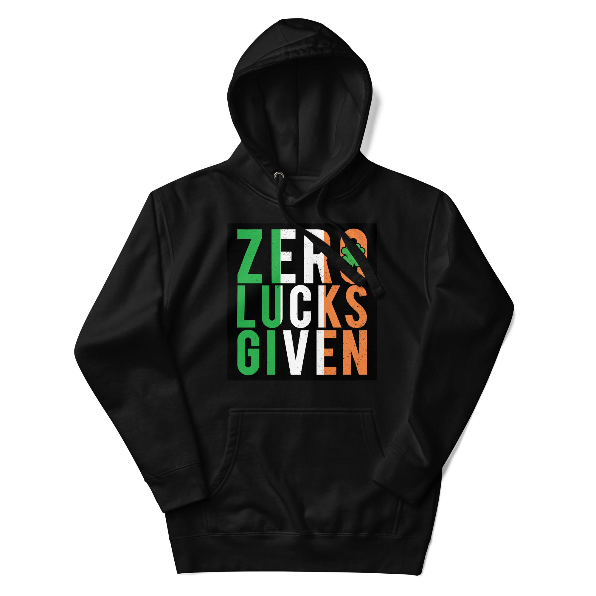 a black hoodie with the words zero luck's given on it