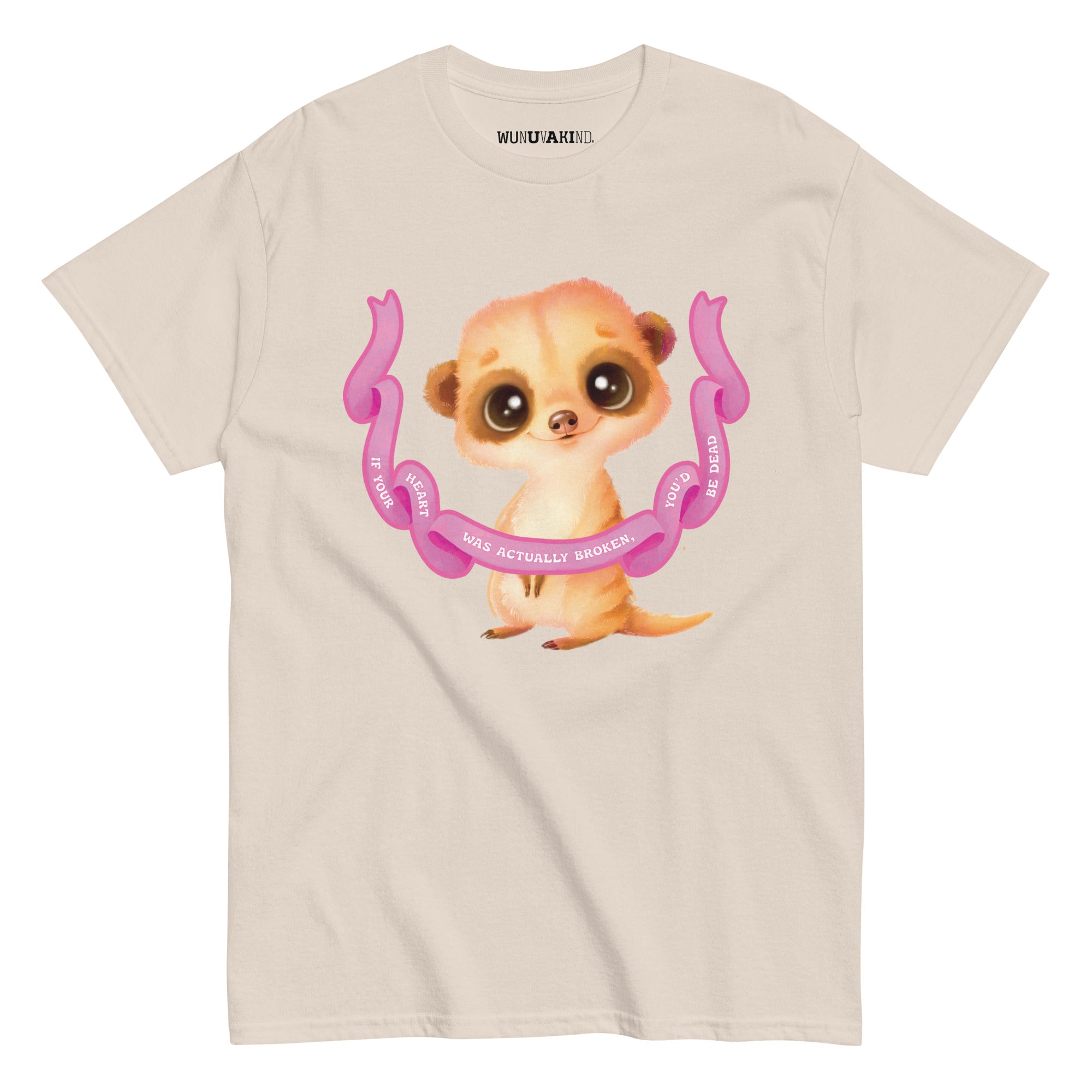 A t-shirt design featuring a cute meerkat with a pink ribbon around its neck.