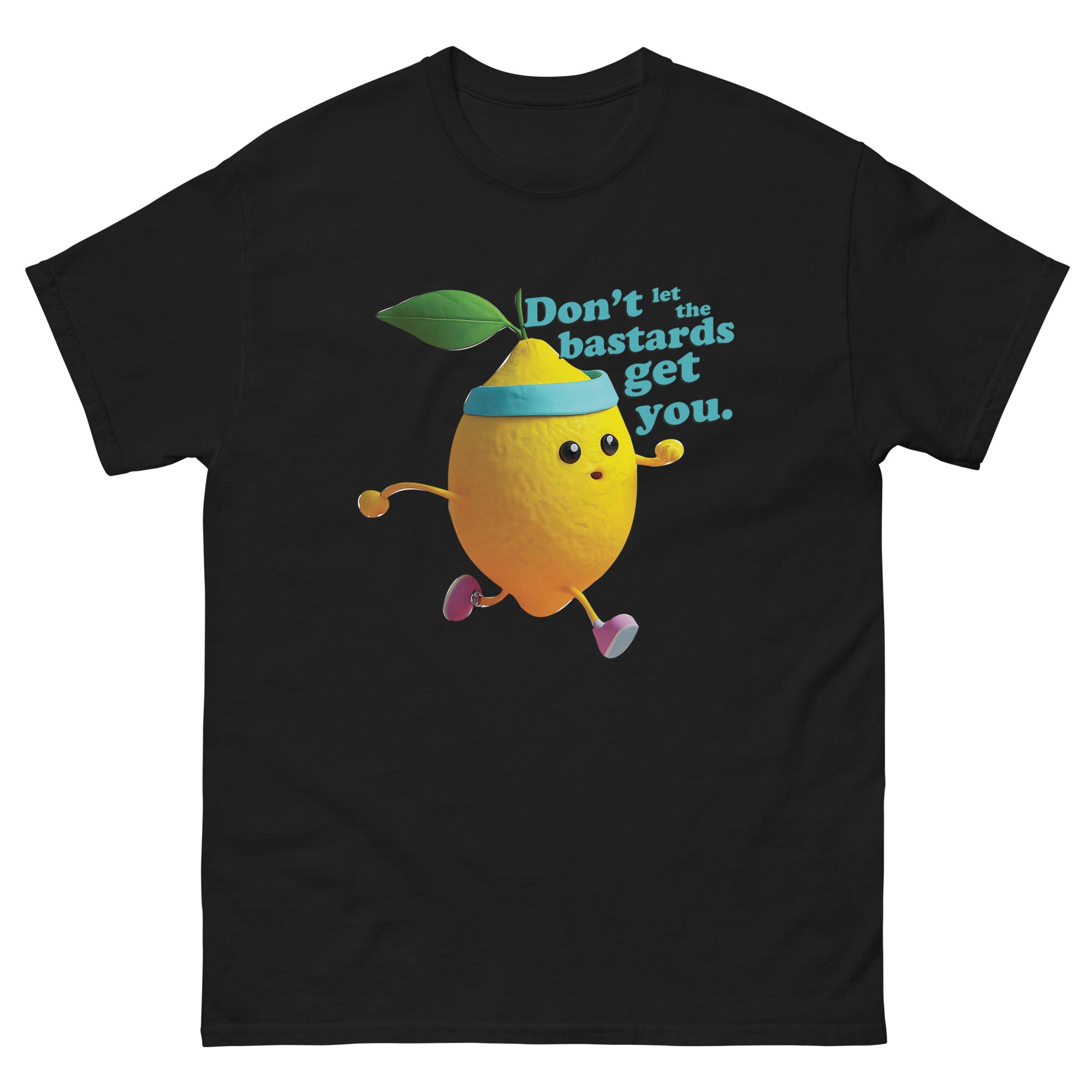 a black t - shirt with an image of a lemon on it