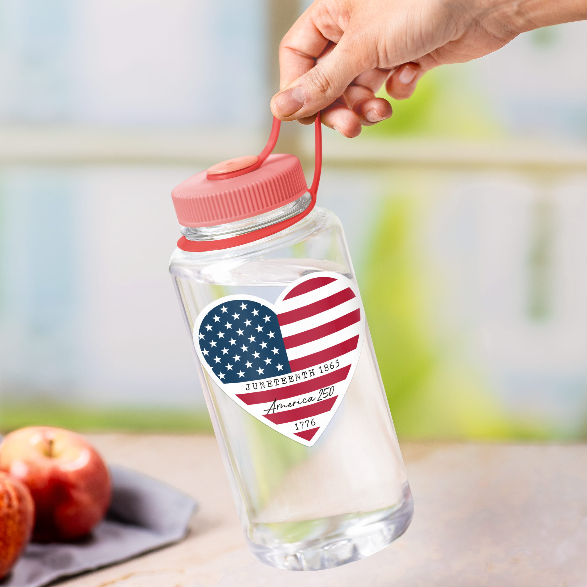 a person is holding a water bottle with an american flag sticker on it