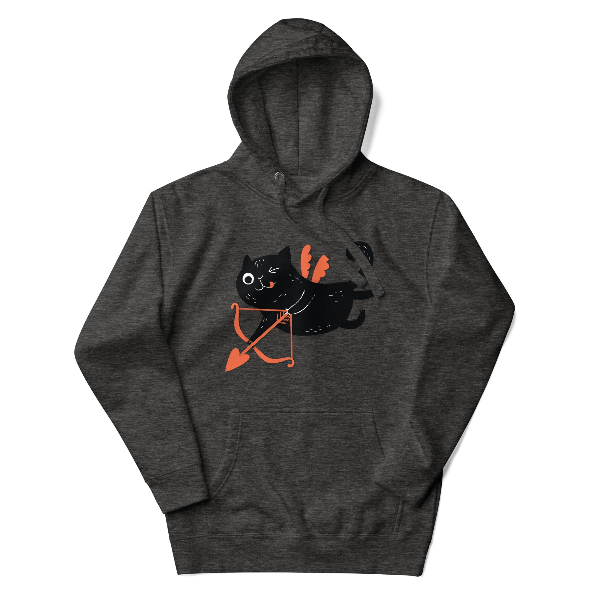 a gray sweatshirt with a black cat on it