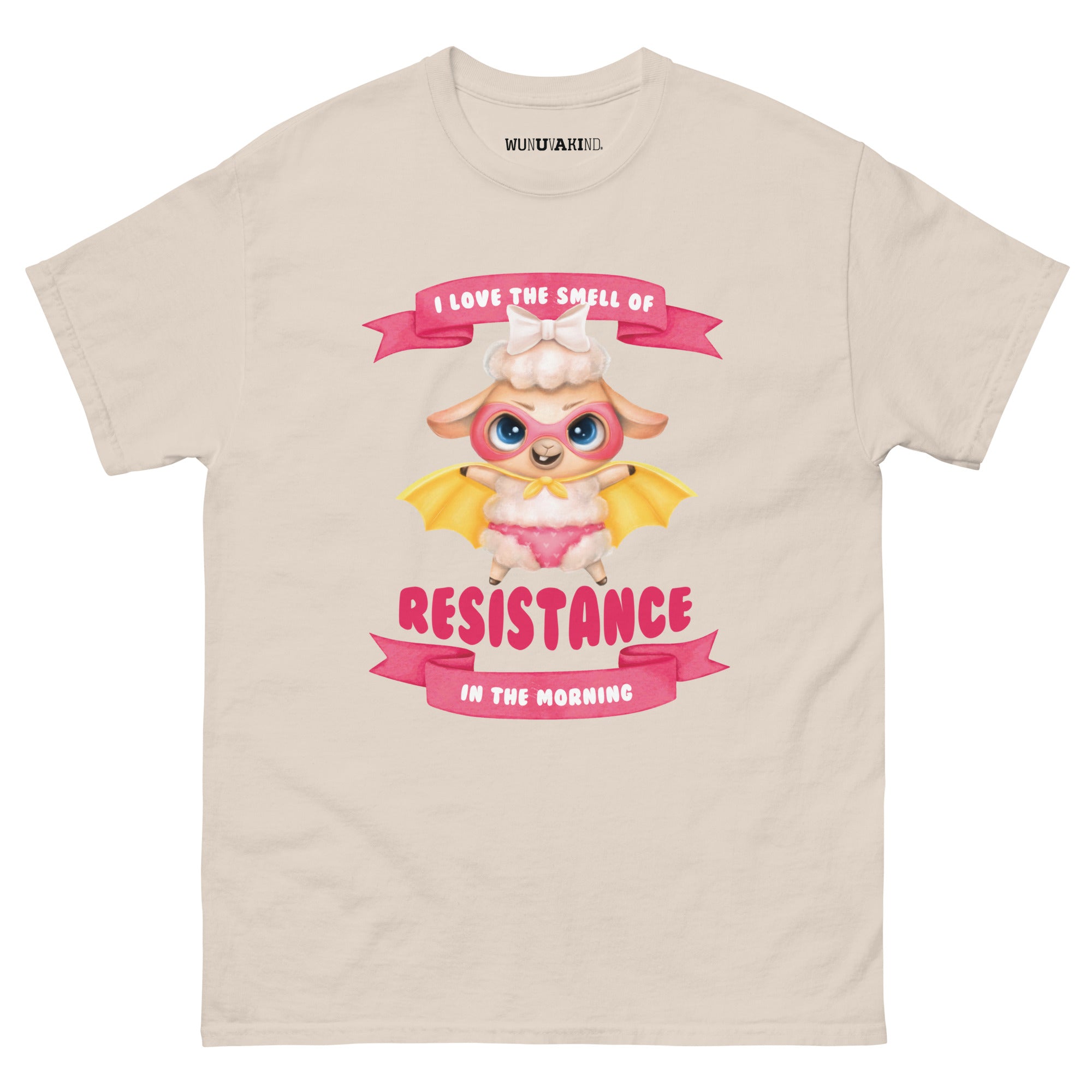 A t-shirt design featuring a cartoon character with wings and a bow, along with the text "I LOVE THE SMELL OF RESISTANCE IN THE MORNING" and a banner.