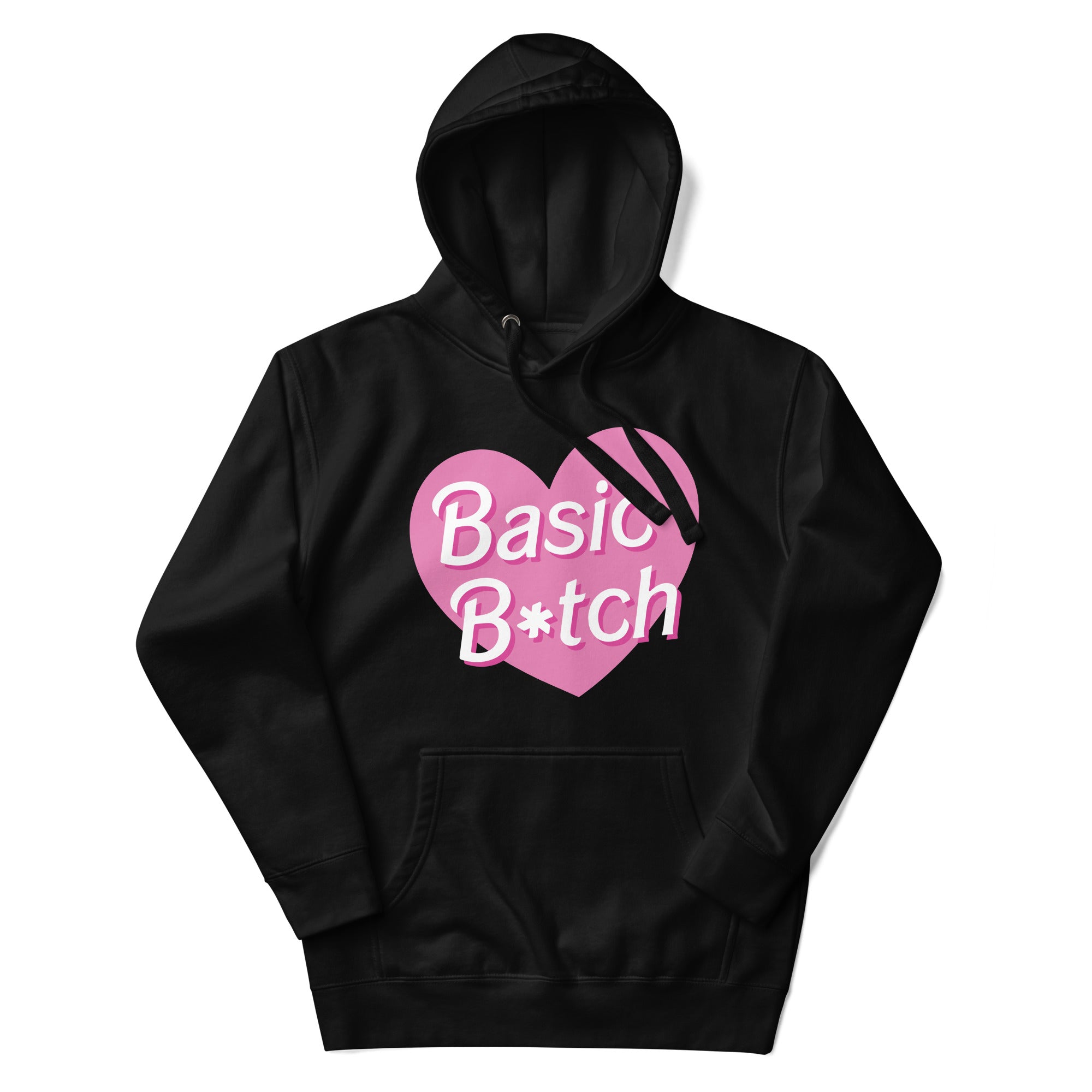 a black hoodie with a pink heart and the words basic bitch on it