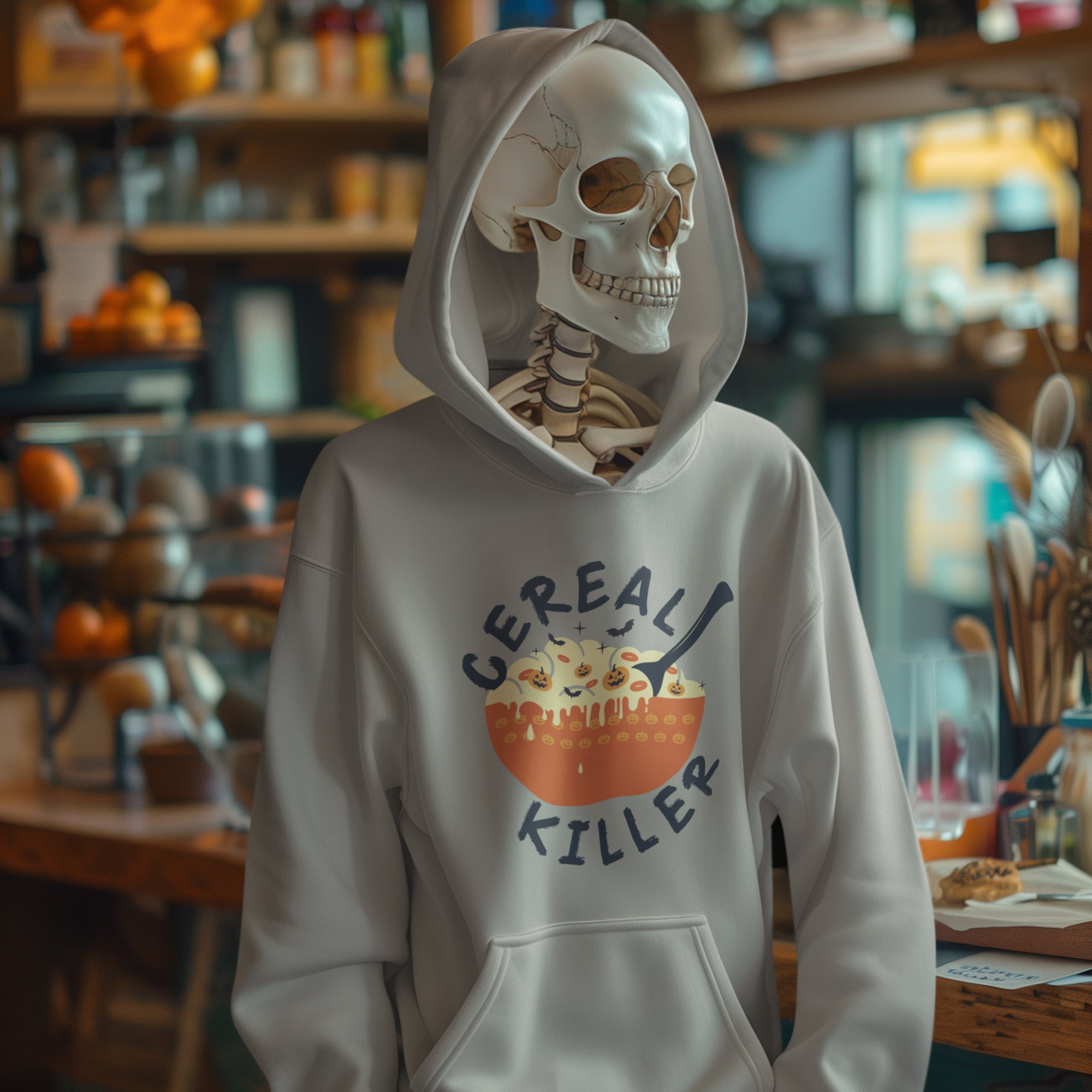 a skeleton wearing a sweatshirt with a bowl of cereal on it