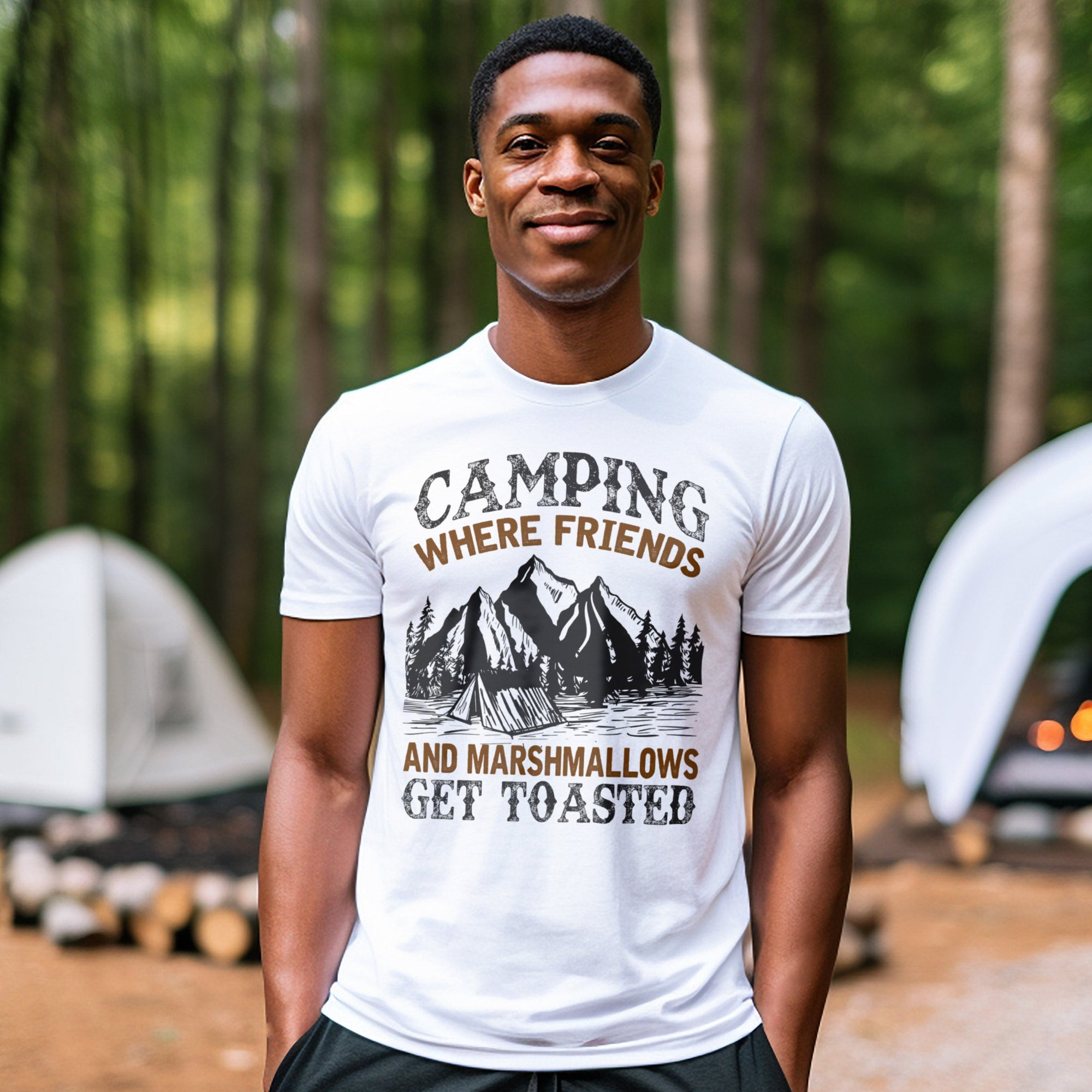 a man standing in front of a tent in the woods