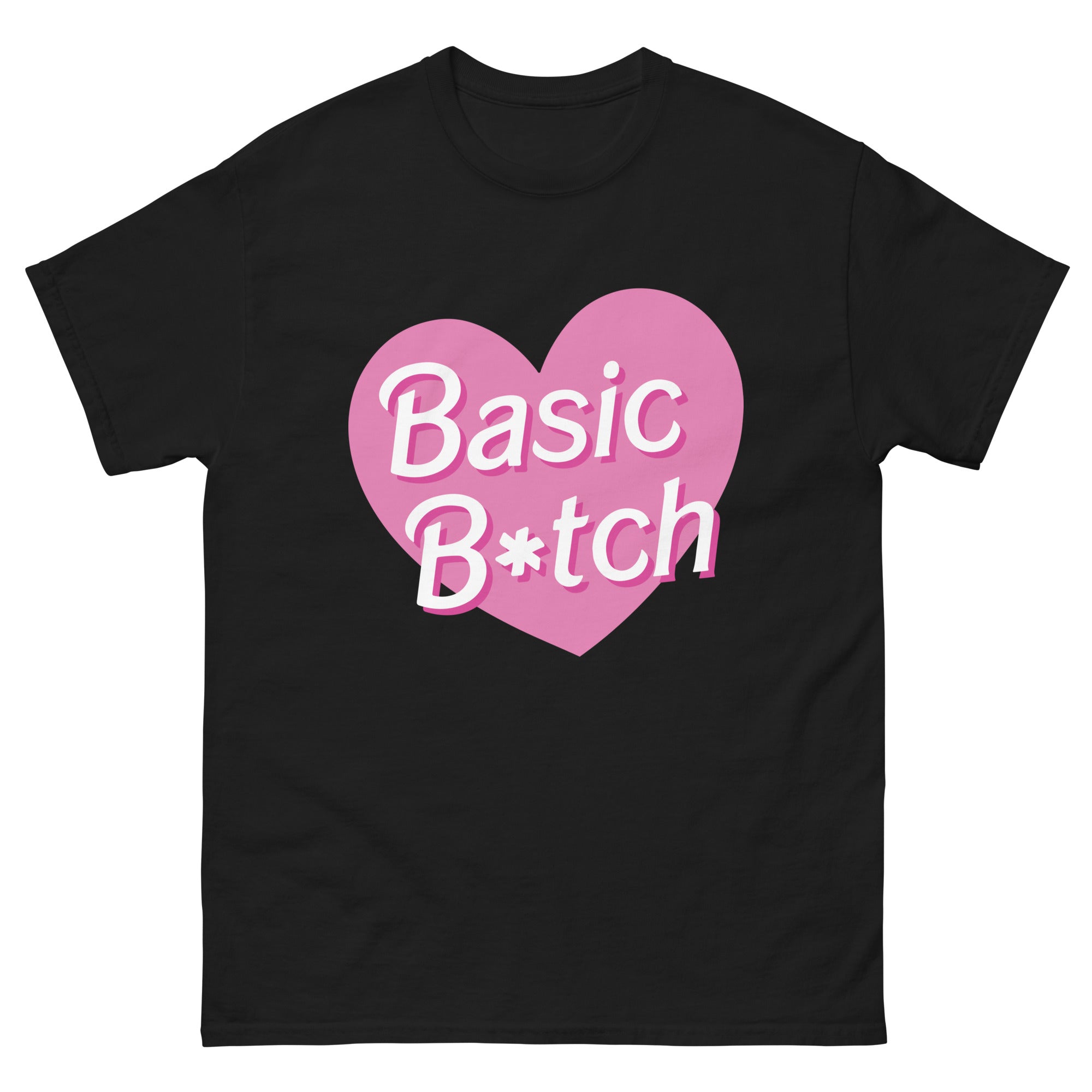 a black t - shirt with a pink heart that says basic bitch