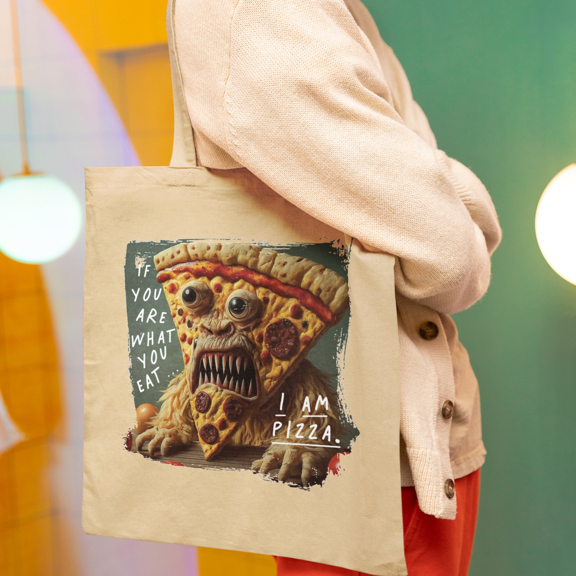 a person holding a bag with a picture of a pizza monster on it