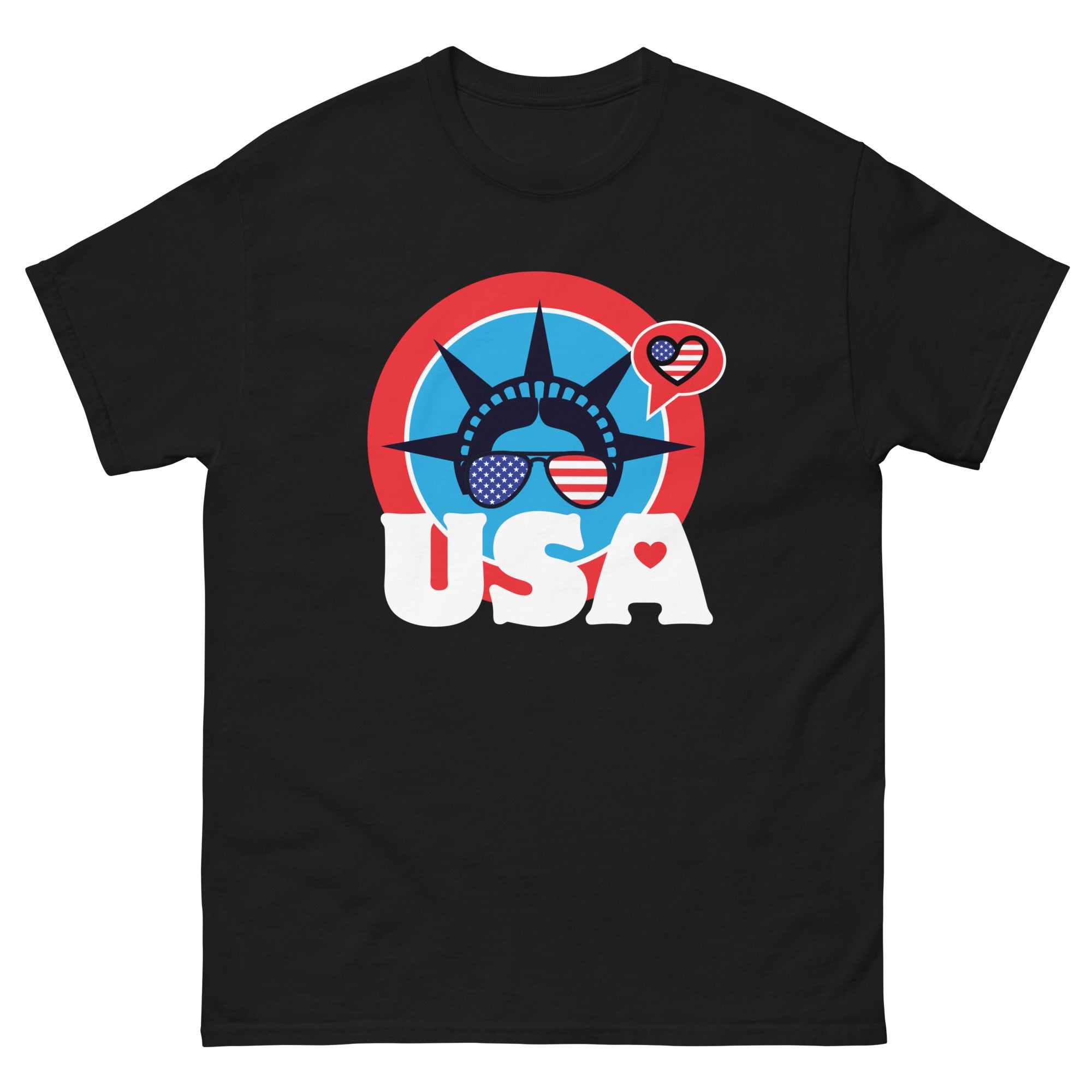 a black t - shirt with the statue of liberty on it