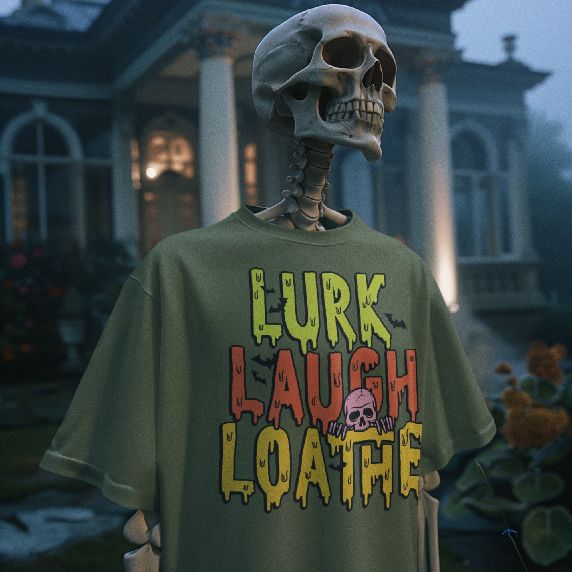 a skeleton wearing a t - shirt that says lurk laugh loathre