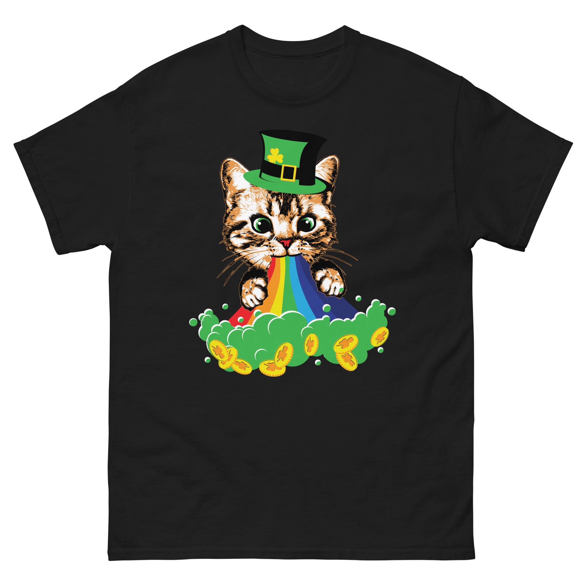 a black t - shirt with a cat and a rainbow