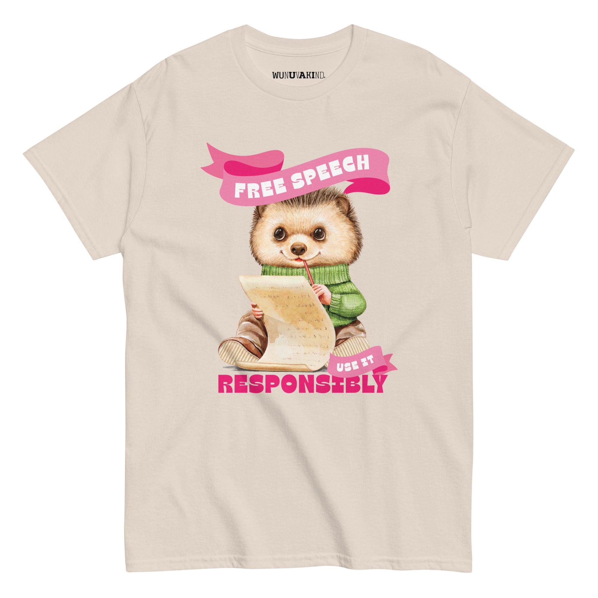 A t-shirt design featuring a cute cartoon sloth holding a book and wearing a green sweater. The text on the t-shirt reads "FREE SPEECH USE IT RESPONSIBLY".
