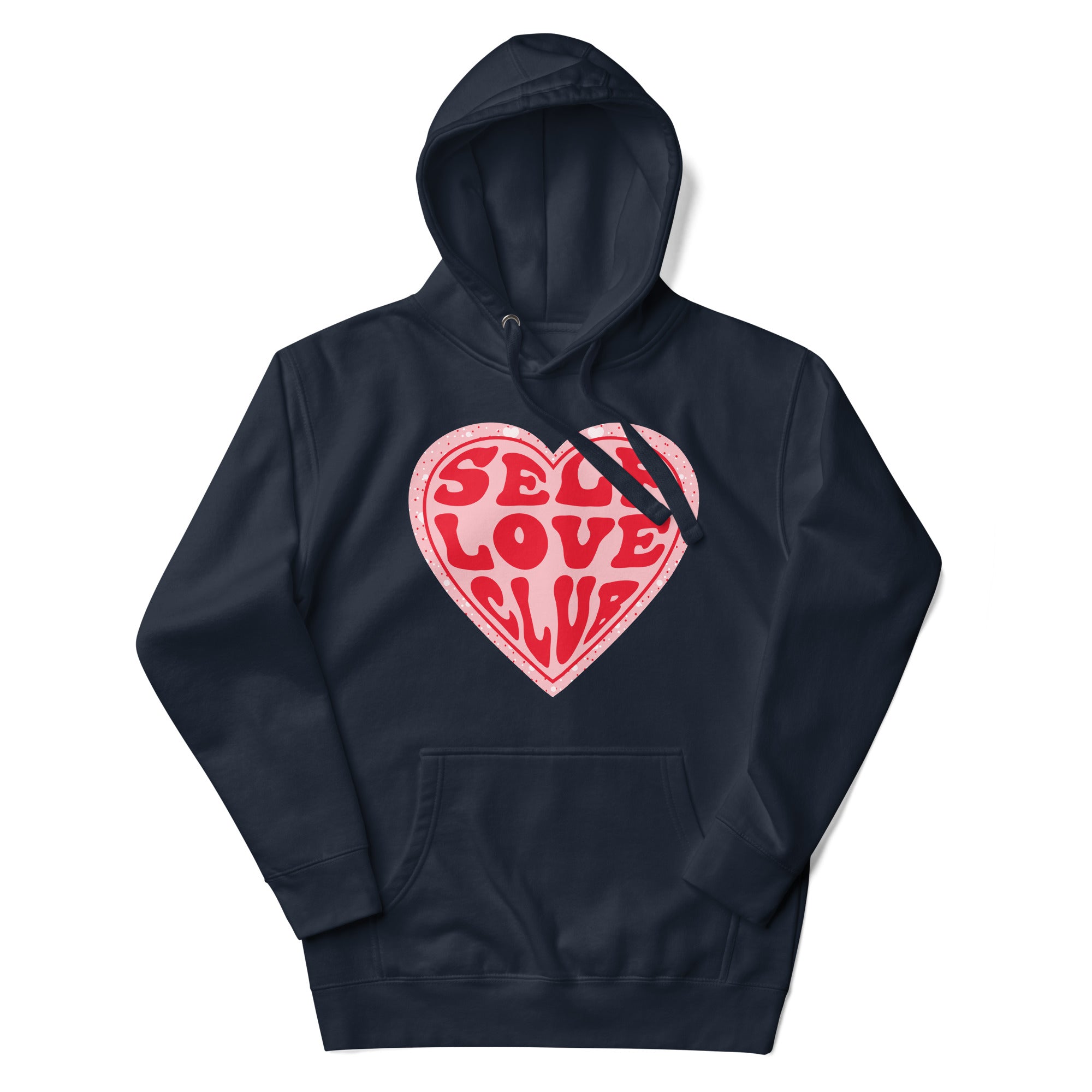 a navy hoodie with a red heart that says sex love live