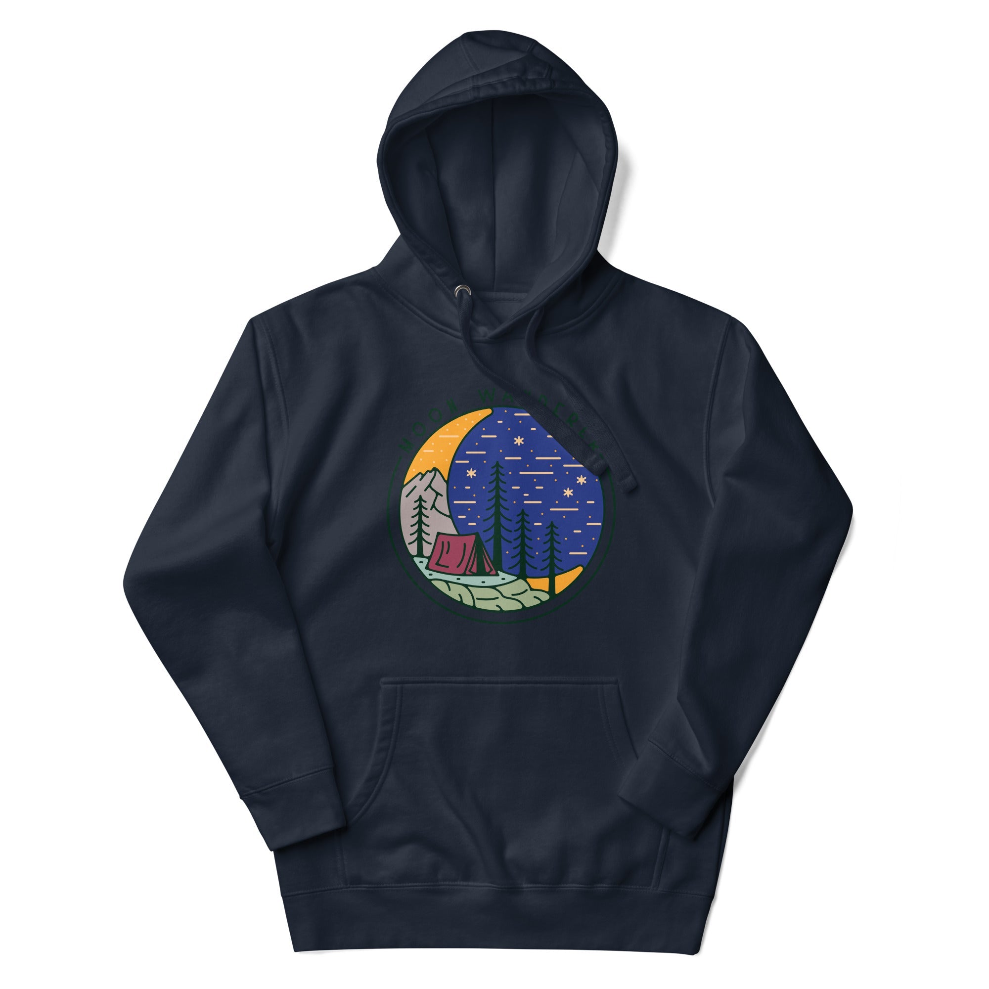 a dark blue hoodie with an image of a mountain and trees