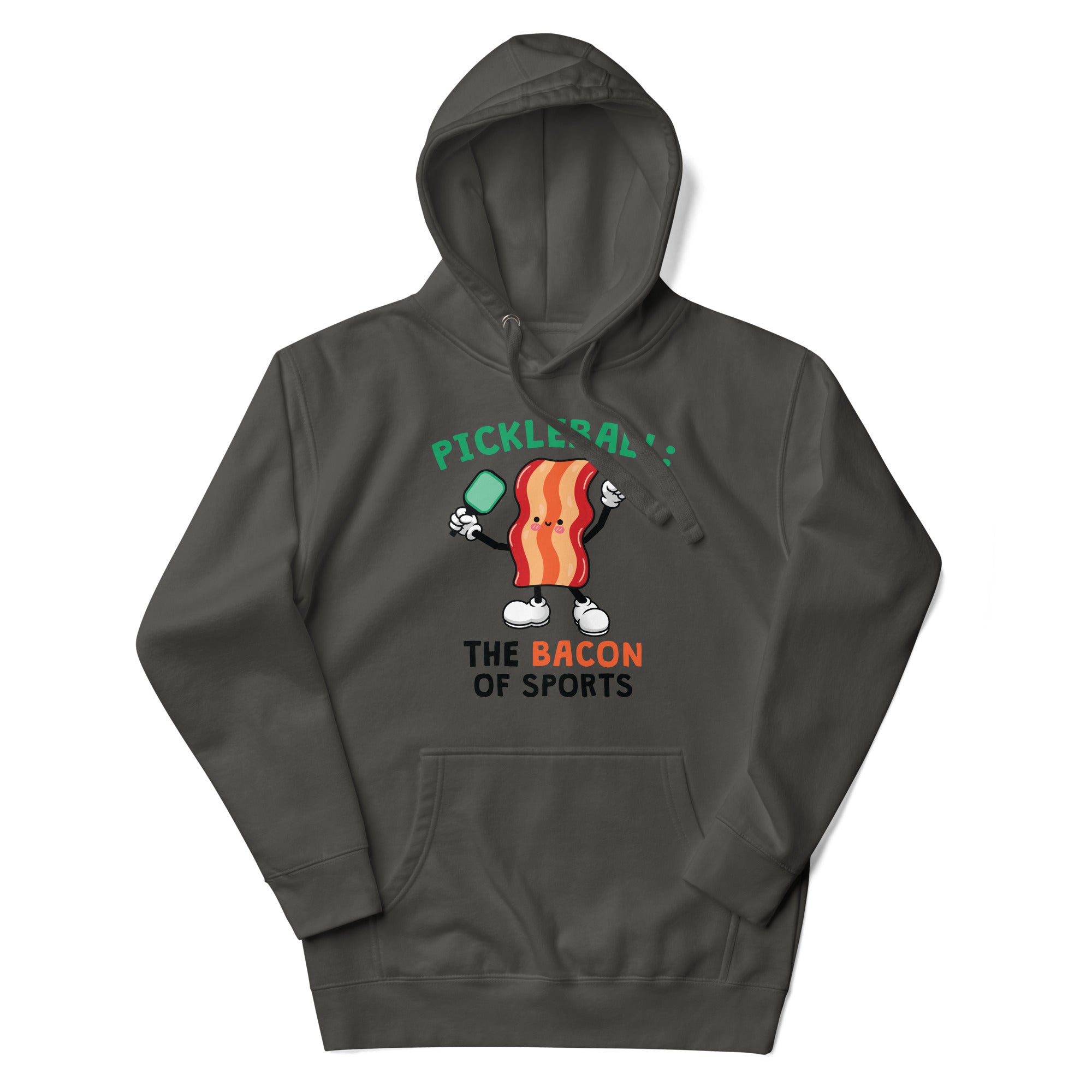 a black hoodie with a bacon on it