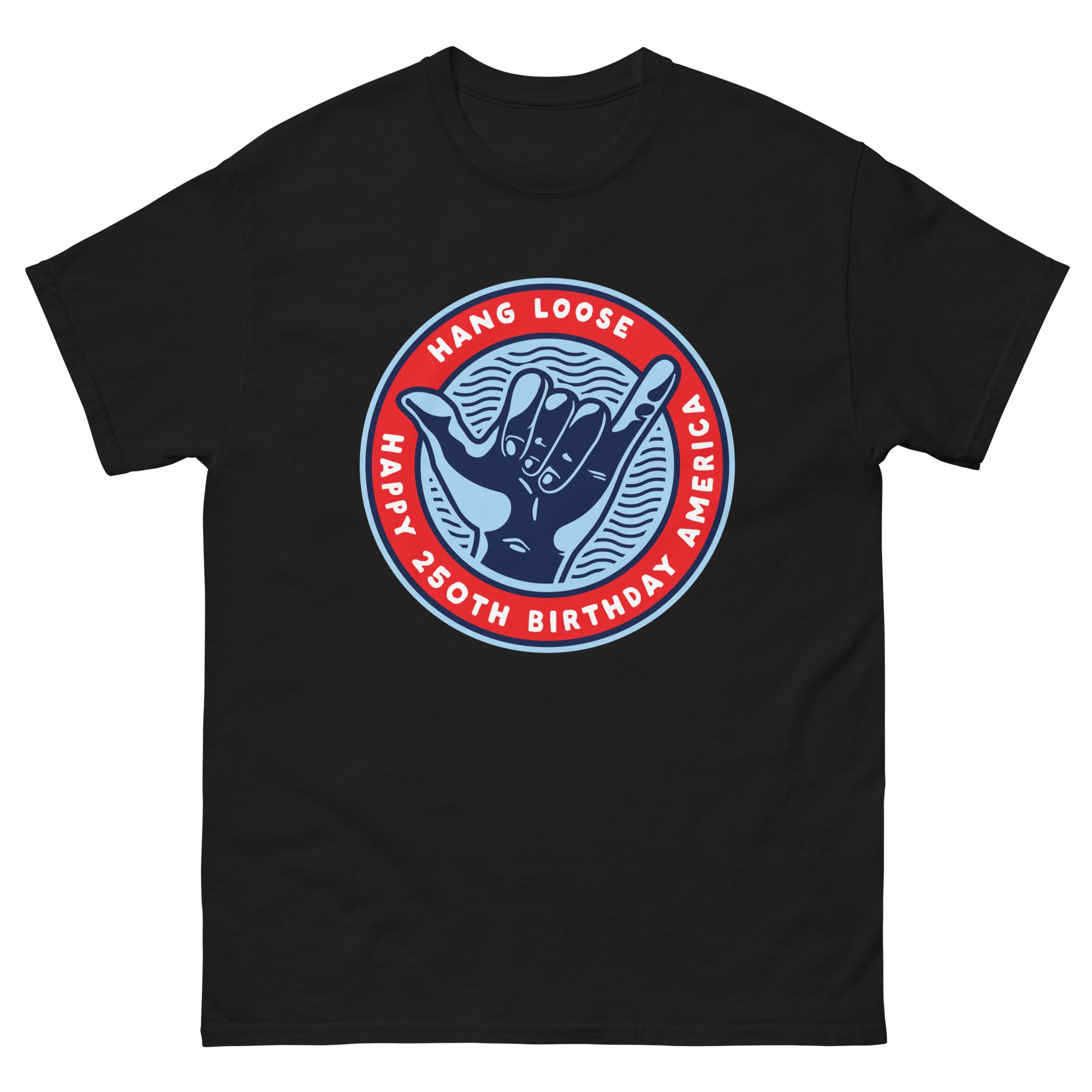 a black t - shirt with a blue and red logo
