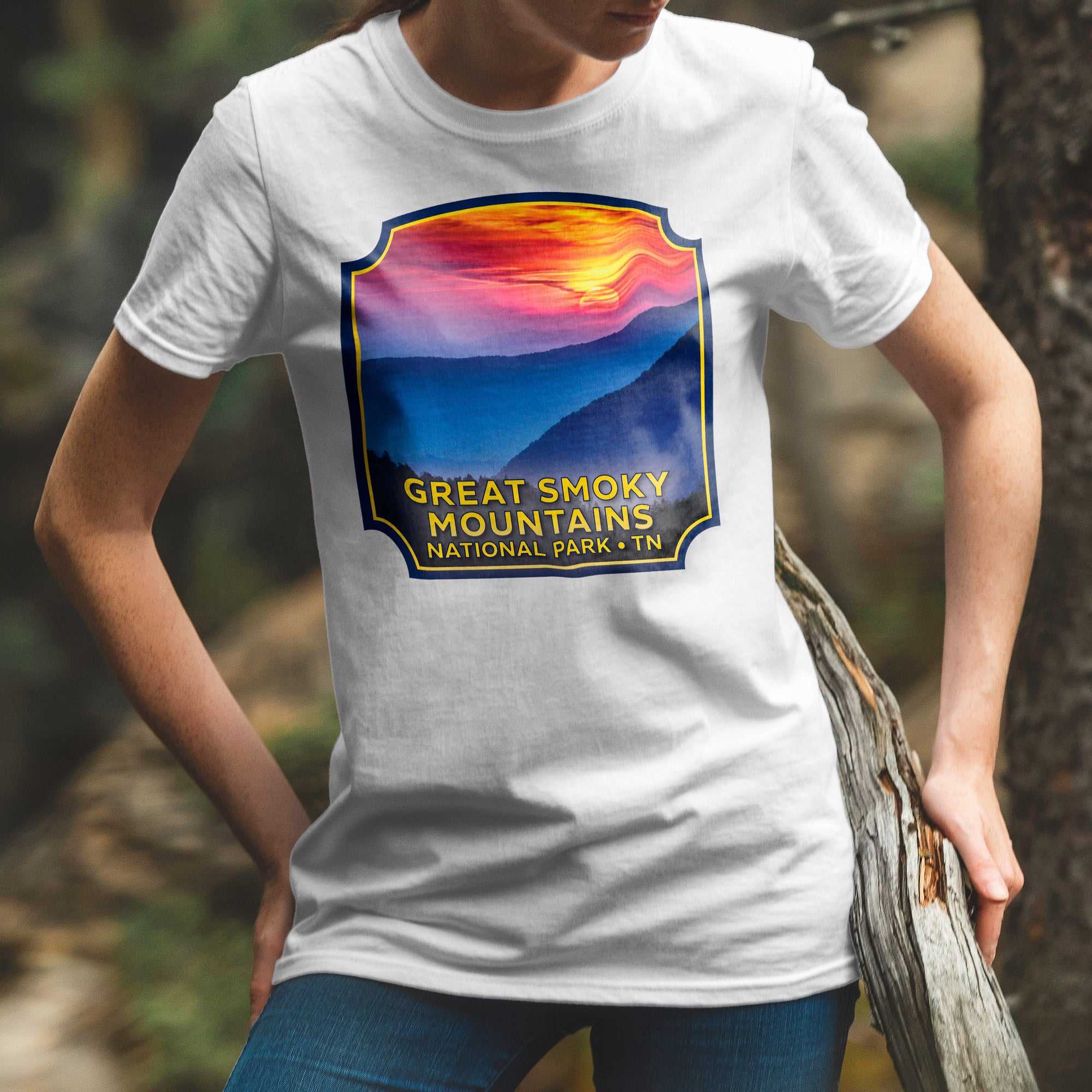 a woman wearing a t - shirt that says great smoky mountains national park