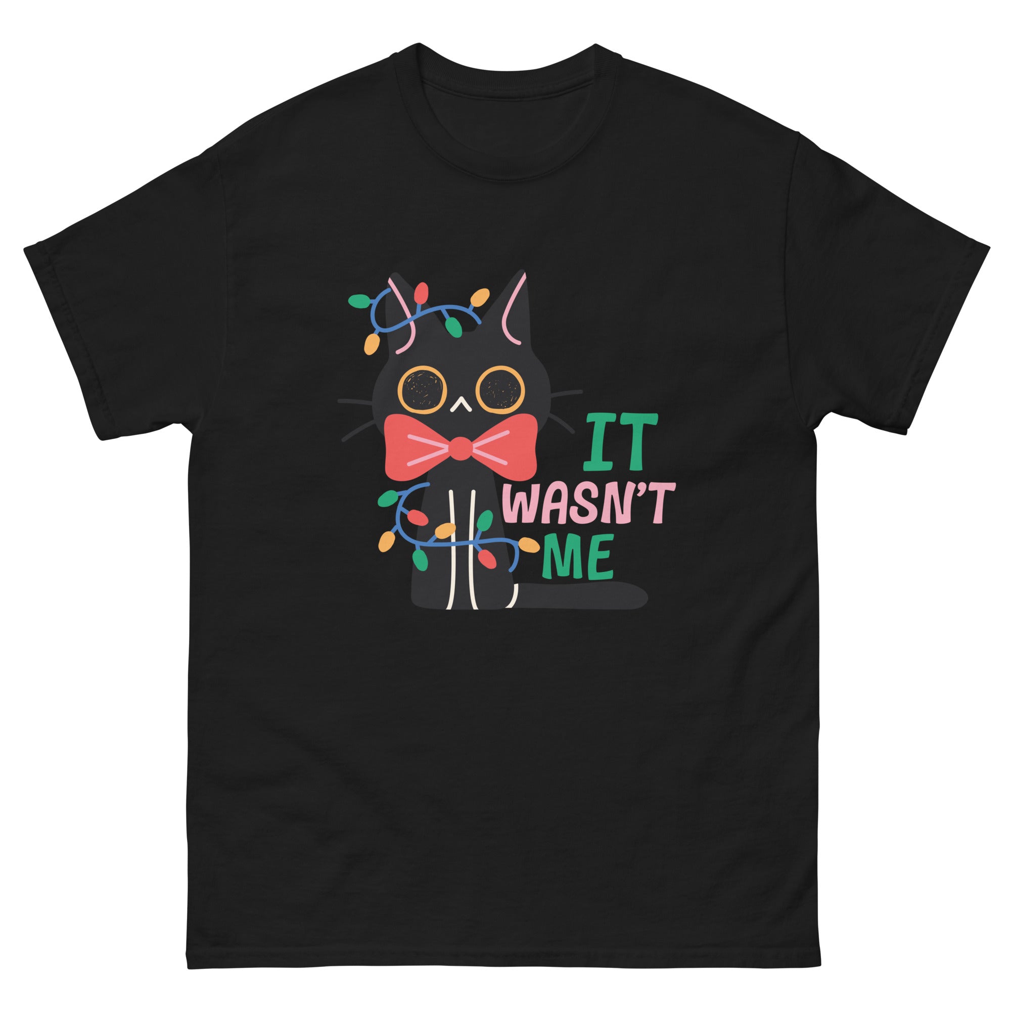 a black t - shirt with a cat wearing a bow tie