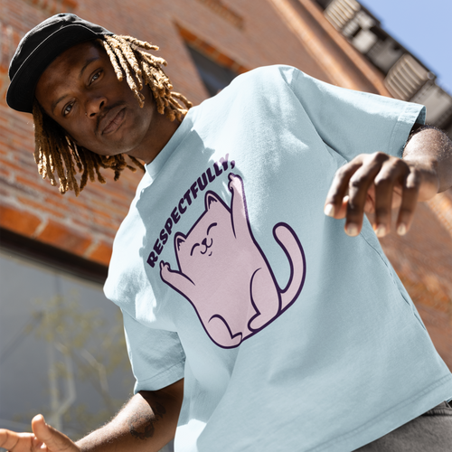 a man with dreadlocks wearing a t - shirt with a cat on it