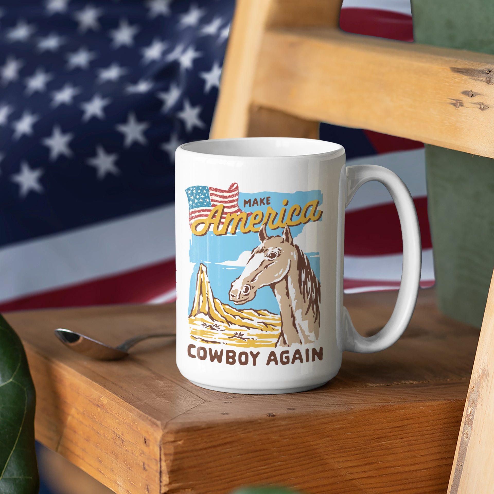 a coffee mug sitting on top of a wooden table