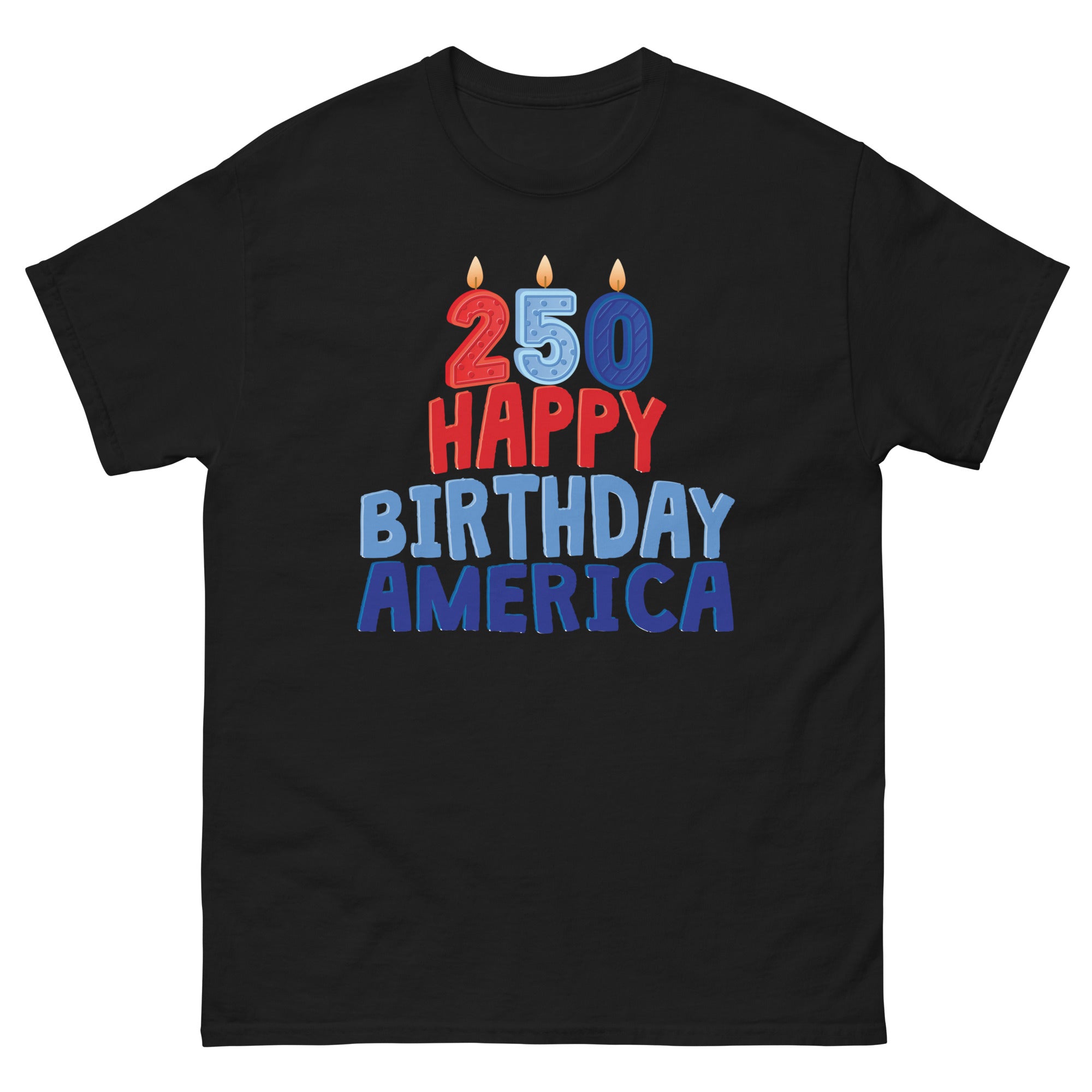 a black t - shirt with the words happy birthday america printed on it